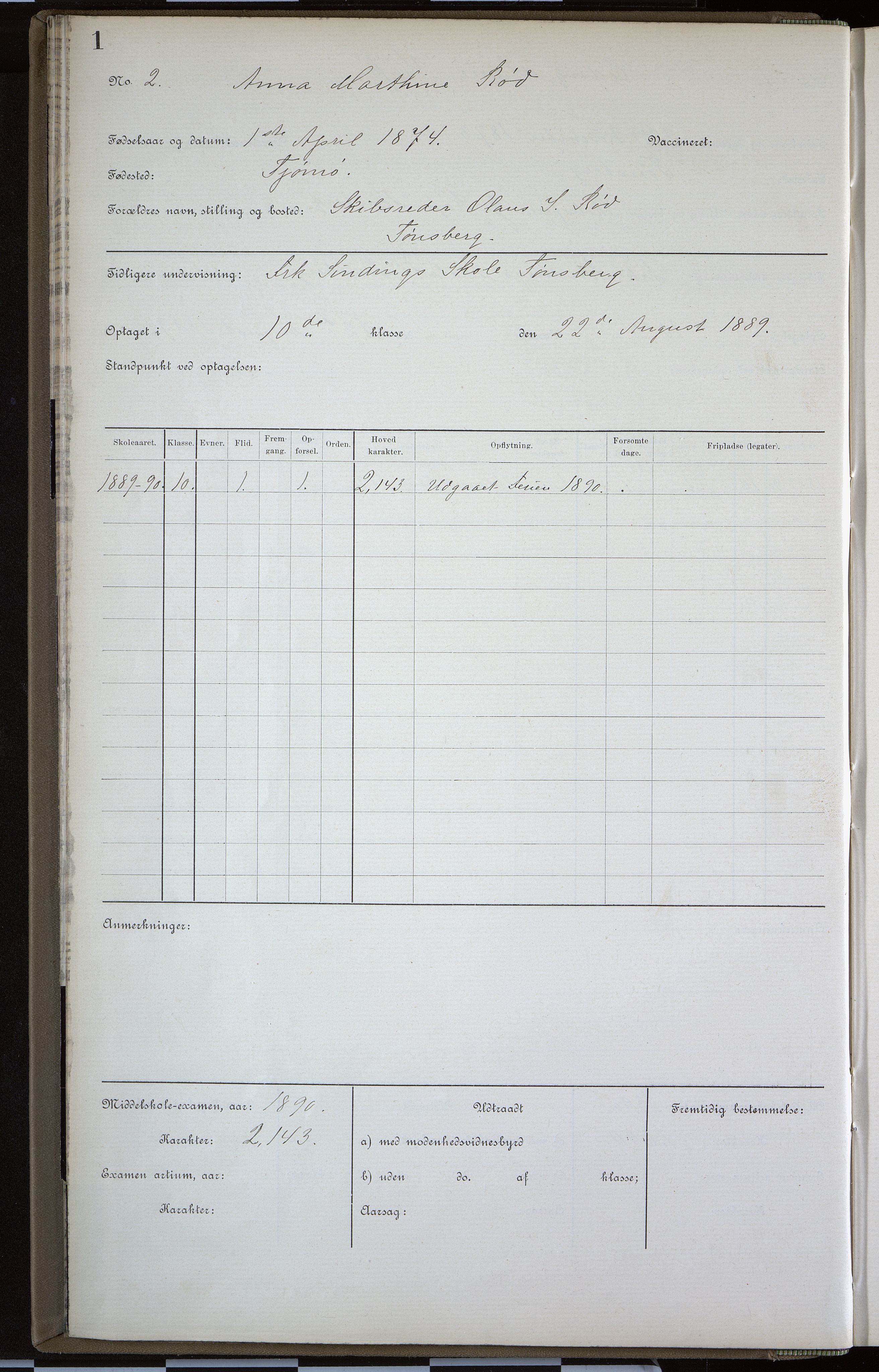 Vestfold fylkeskommune. Greveskogen videregående skole før 1998, VEMU/A-1162/G/Gb/L0001: Manntallsprotokoll Pikeskolen, 1889-1893