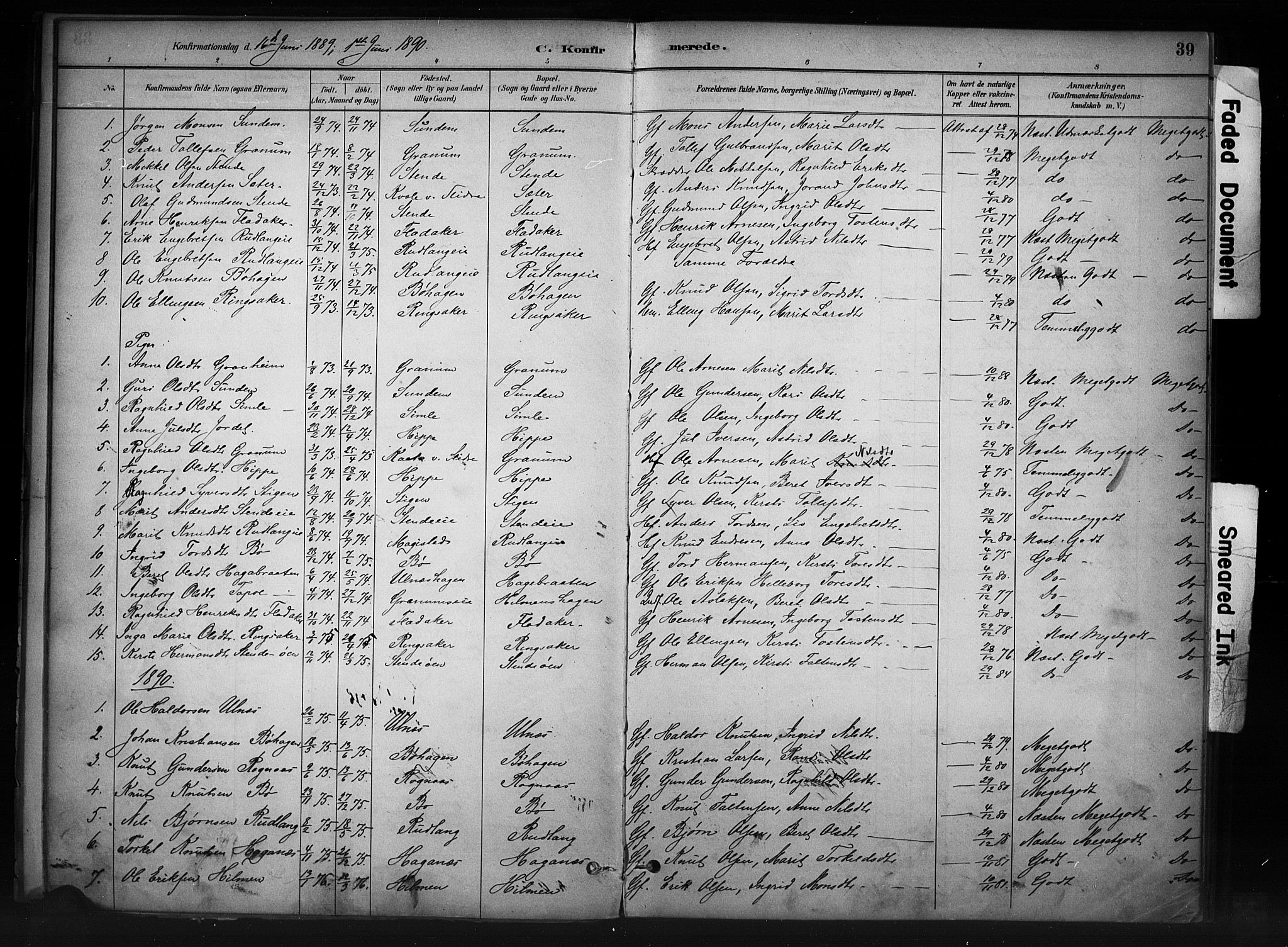 Nord-Aurdal prestekontor, AV/SAH-PREST-132/H/Ha/Haa/L0011: Parish register (official) no. 11, 1883-1896, p. 39