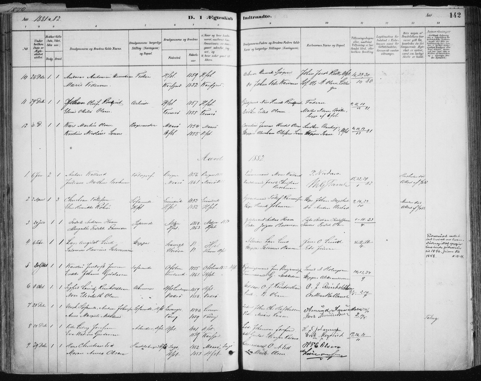 Hammerfest sokneprestkontor, SATØ/S-1347/H/Ha/L0008.kirke: Parish register (official) no. 8, 1878-1889, p. 142