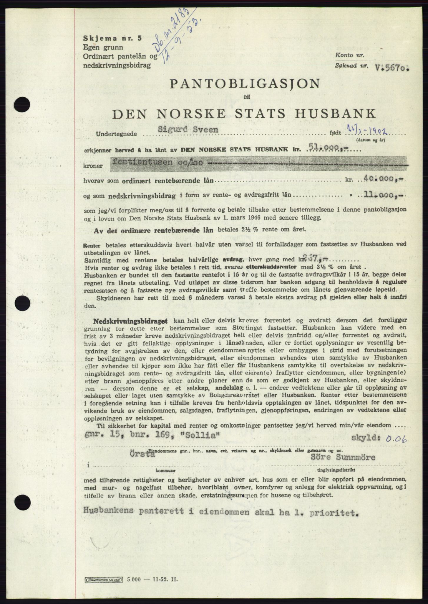 Søre Sunnmøre sorenskriveri, SAT/A-4122/1/2/2C/L0123: Mortgage book no. 11B, 1953-1953, Diary no: : 2183/1953