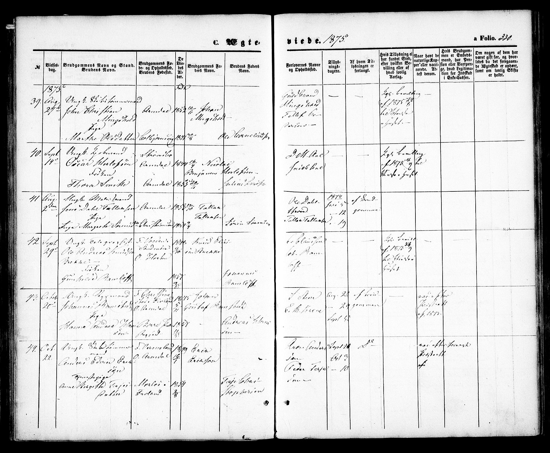 Arendal sokneprestkontor, Trefoldighet, AV/SAK-1111-0040/F/Fa/L0007: Parish register (official) no. A 7, 1868-1878, p. 330