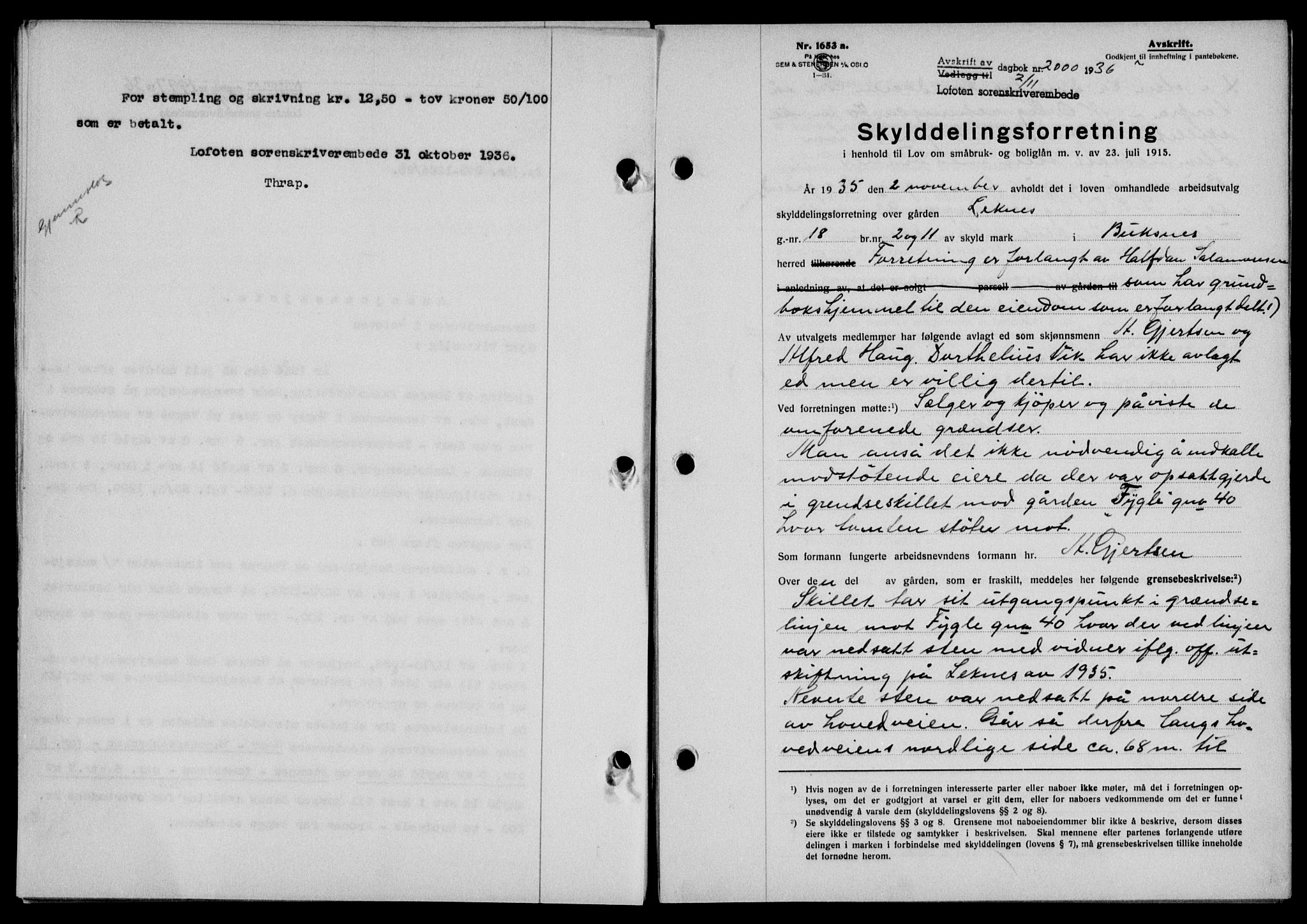 Lofoten sorenskriveri, SAT/A-0017/1/2/2C/L0001a: Mortgage book no. 1a, 1936-1937, Diary no: : 2000/1936