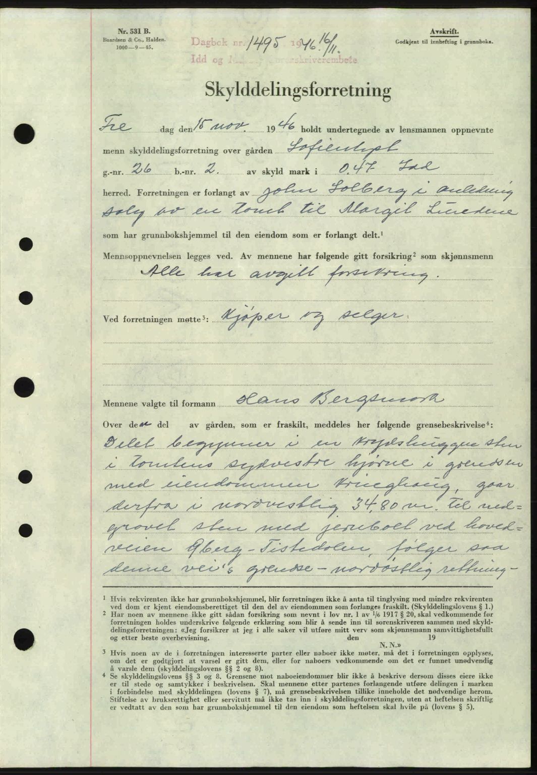 Idd og Marker sorenskriveri, AV/SAO-A-10283/G/Gb/Gbb/L0008: Mortgage book no. A8, 1946-1946, Diary no: : 1495/1946