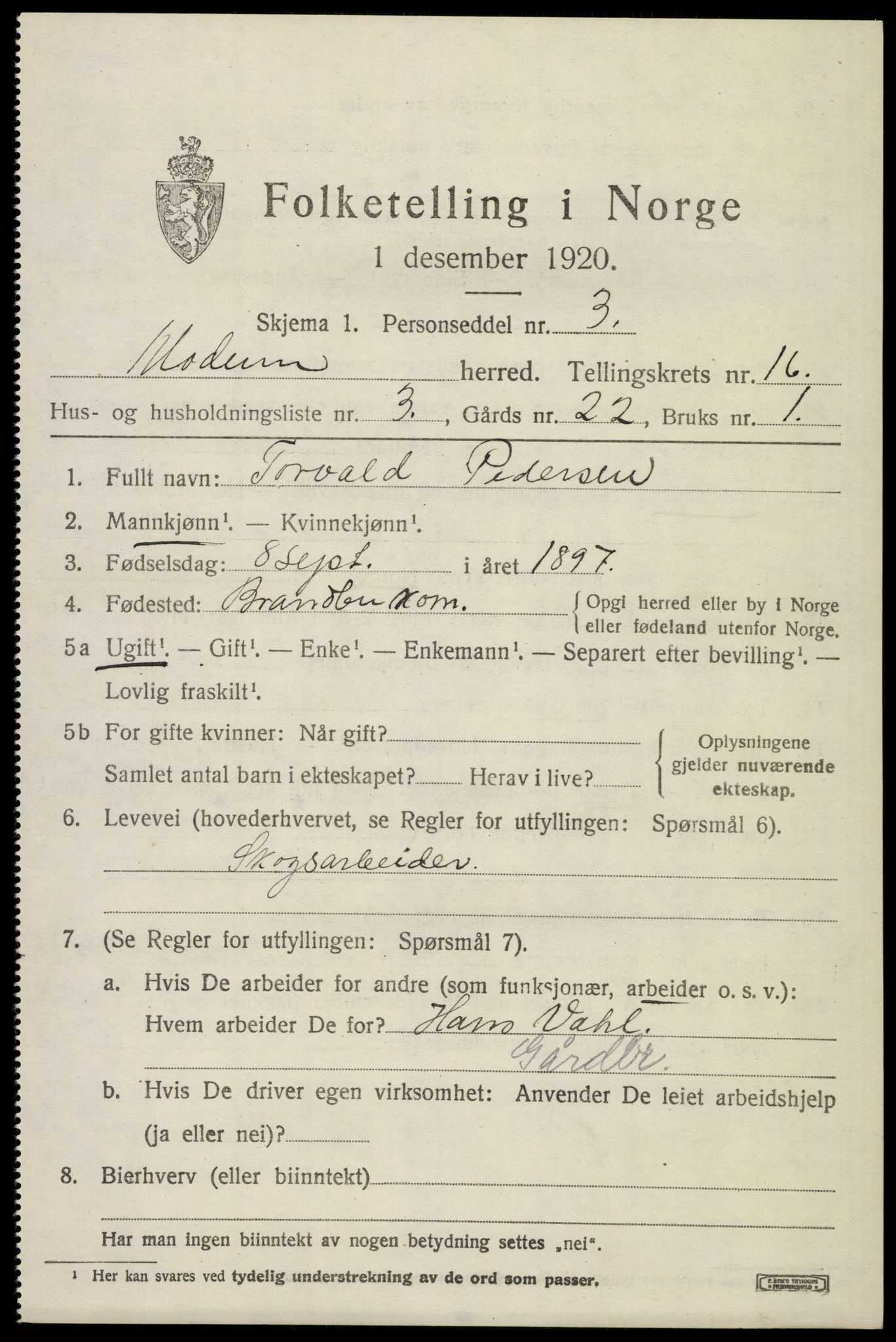 SAKO, 1920 census for Modum, 1920, p. 19437