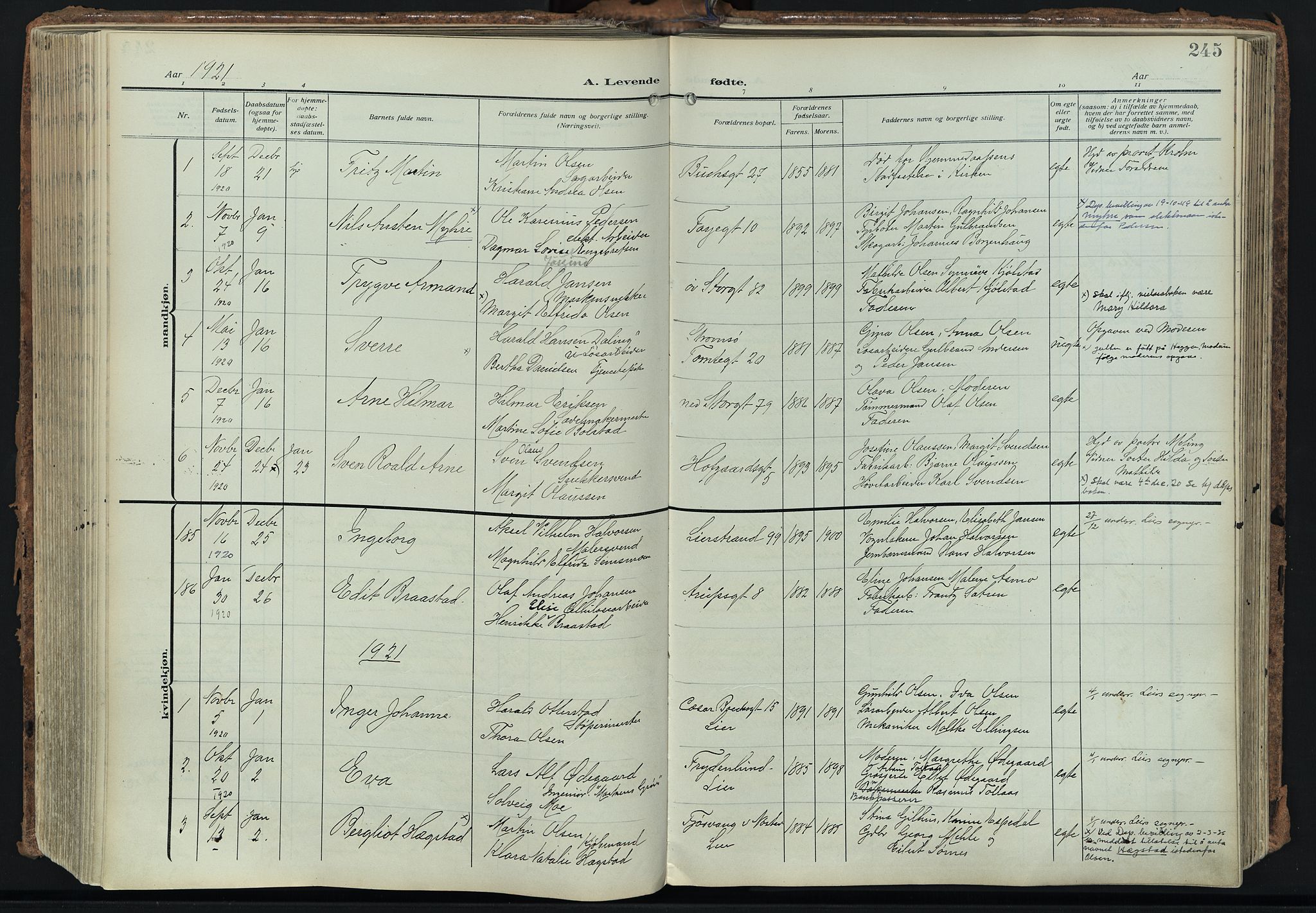 Bragernes kirkebøker, SAKO/A-6/F/Fb/L0010: Parish register (official) no. II 10, 1911-1922, p. 245