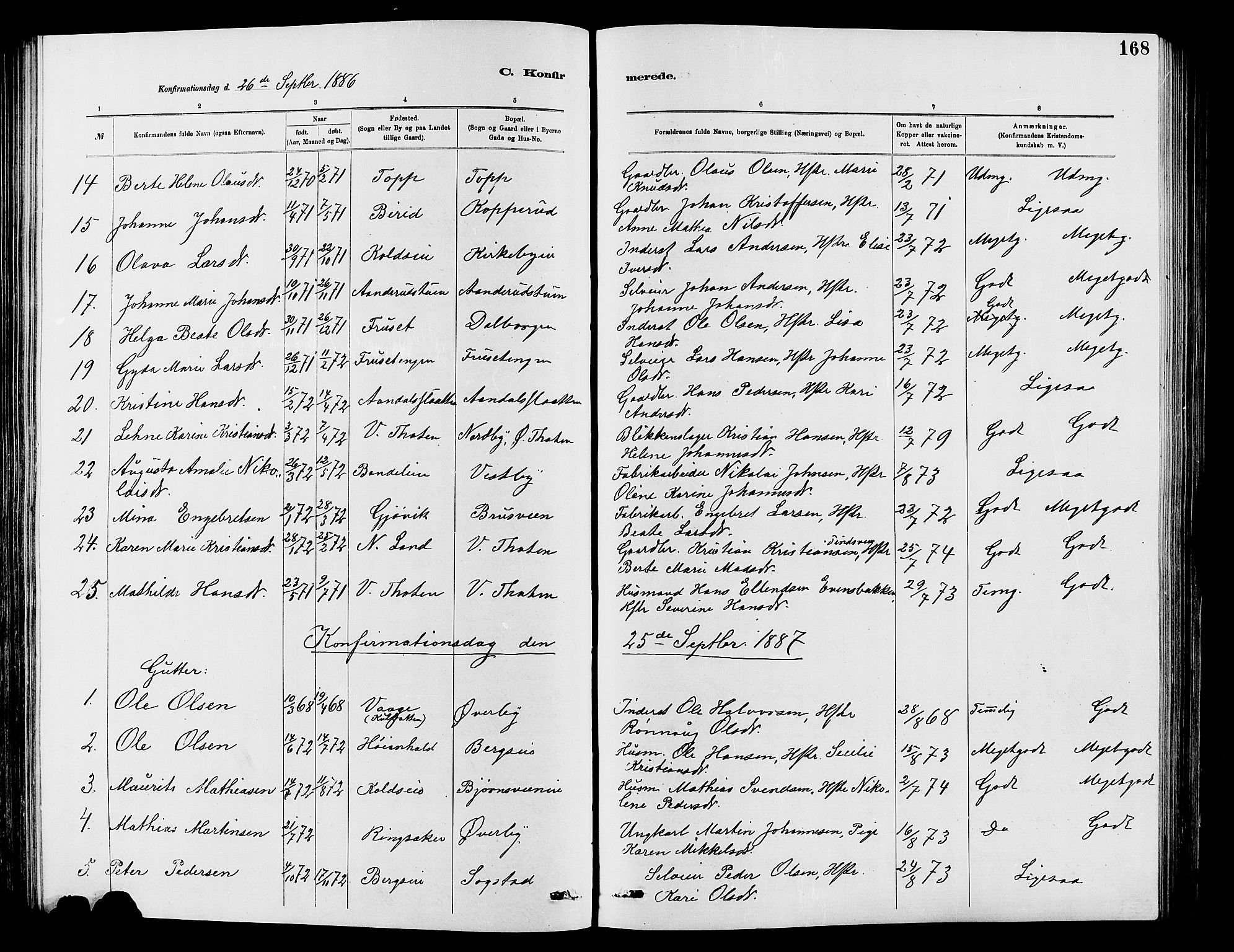 Vardal prestekontor, SAH/PREST-100/H/Ha/Hab/L0007: Parish register (copy) no. 7 /1, 1881-1895, p. 168