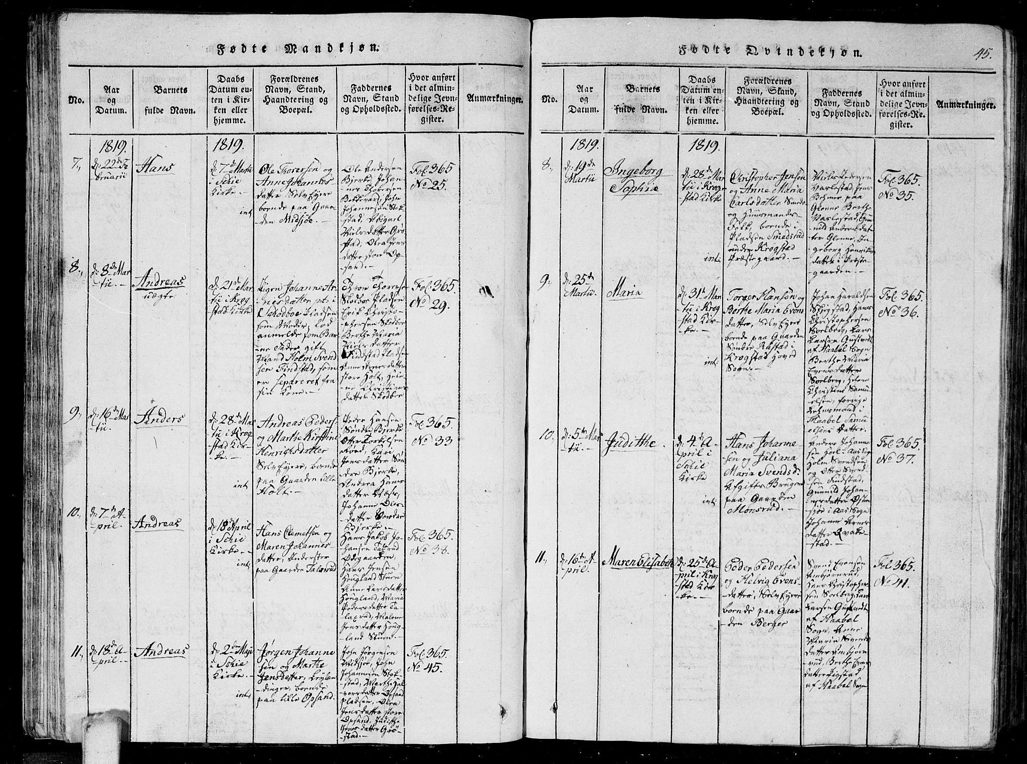 Kråkstad prestekontor Kirkebøker, AV/SAO-A-10125a/G/Ga/L0001: Parish register (copy) no. I 1, 1813-1824, p. 45