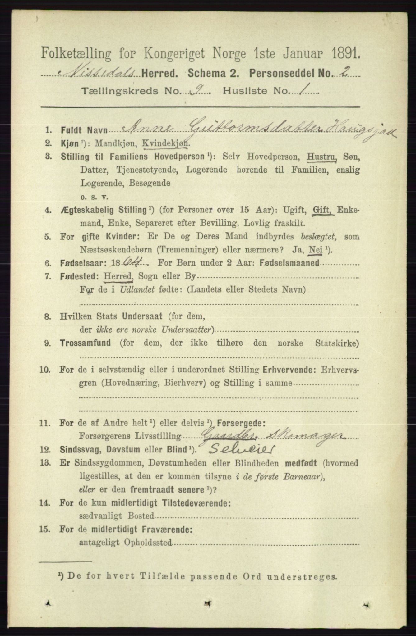 RA, 1891 census for 0830 Nissedal, 1891, p. 1843