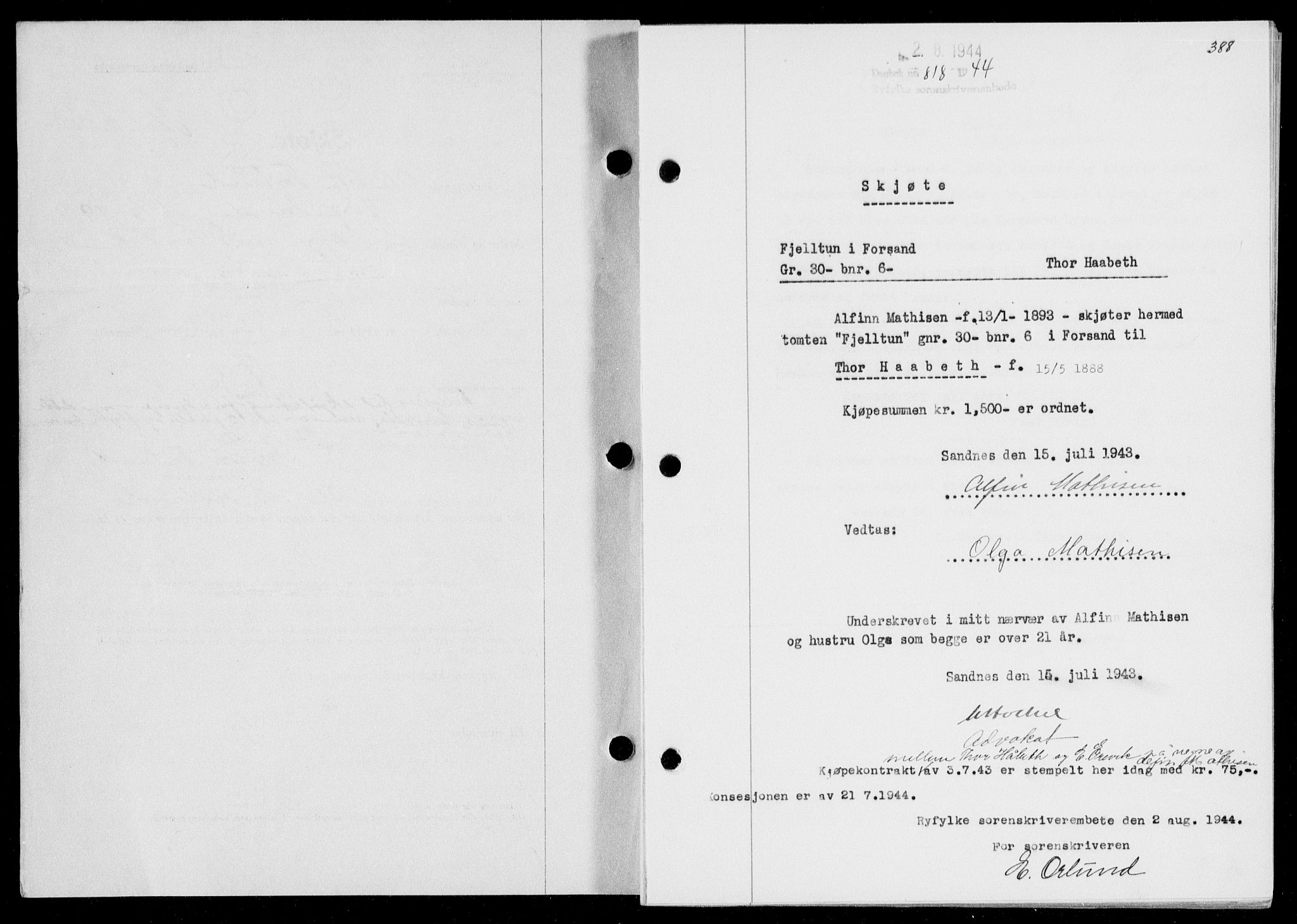 Ryfylke tingrett, AV/SAST-A-100055/001/II/IIB/L0091: Mortgage book no. 70, 1943-1944, Diary no: : 818/1944