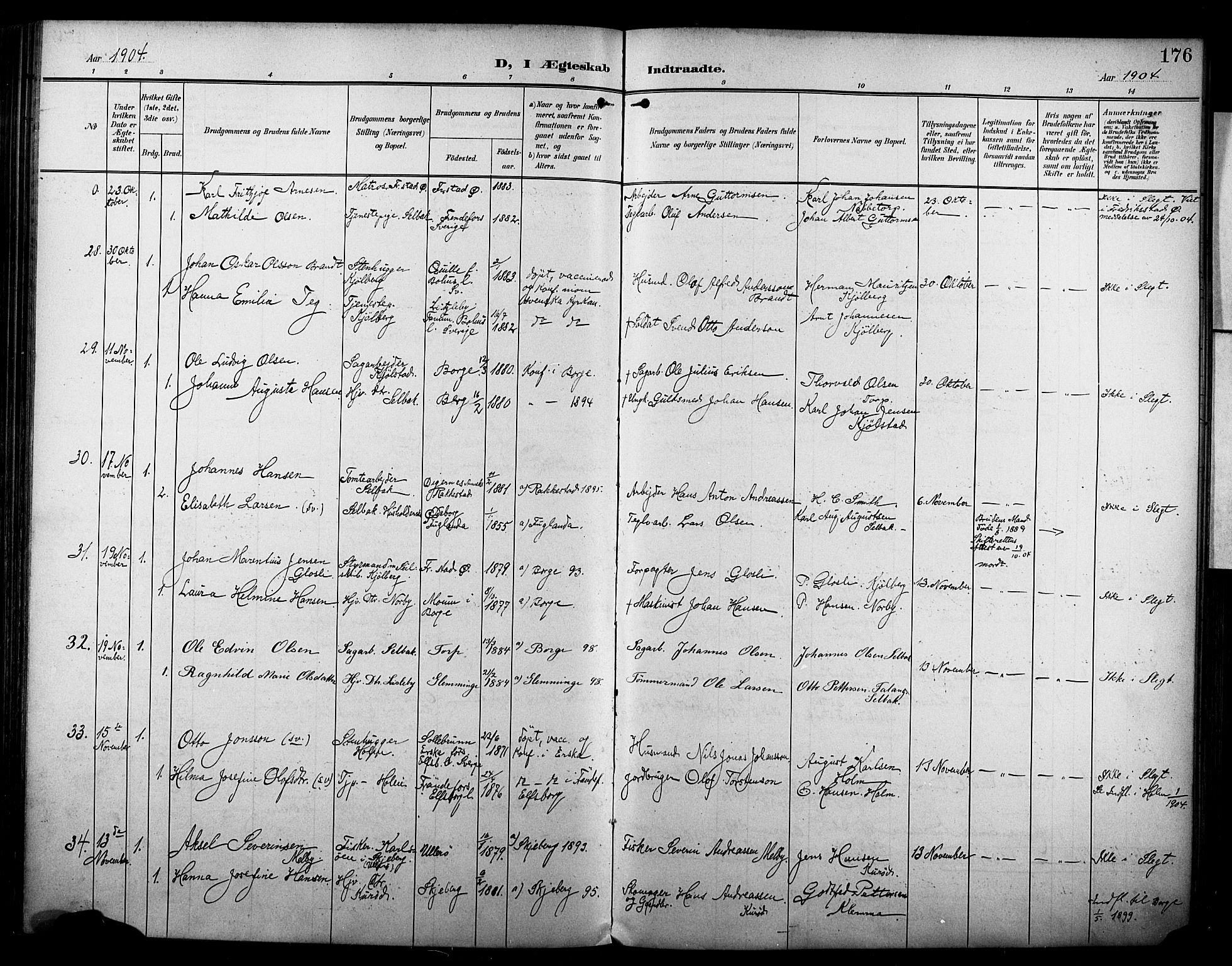 Borge prestekontor Kirkebøker, AV/SAO-A-10903/F/Fa/L0009: Parish register (official) no. I 9, 1902-1911, p. 176