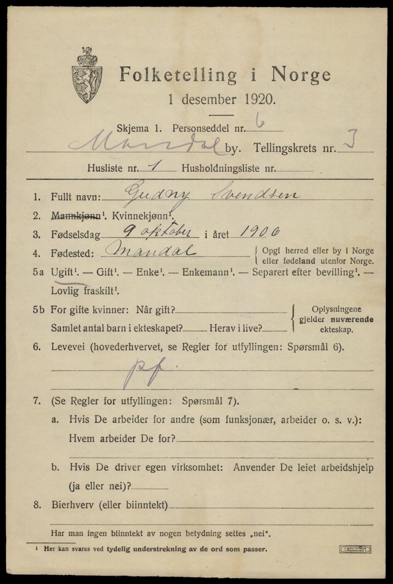 SAK, 1920 census for Mandal, 1920, p. 6863