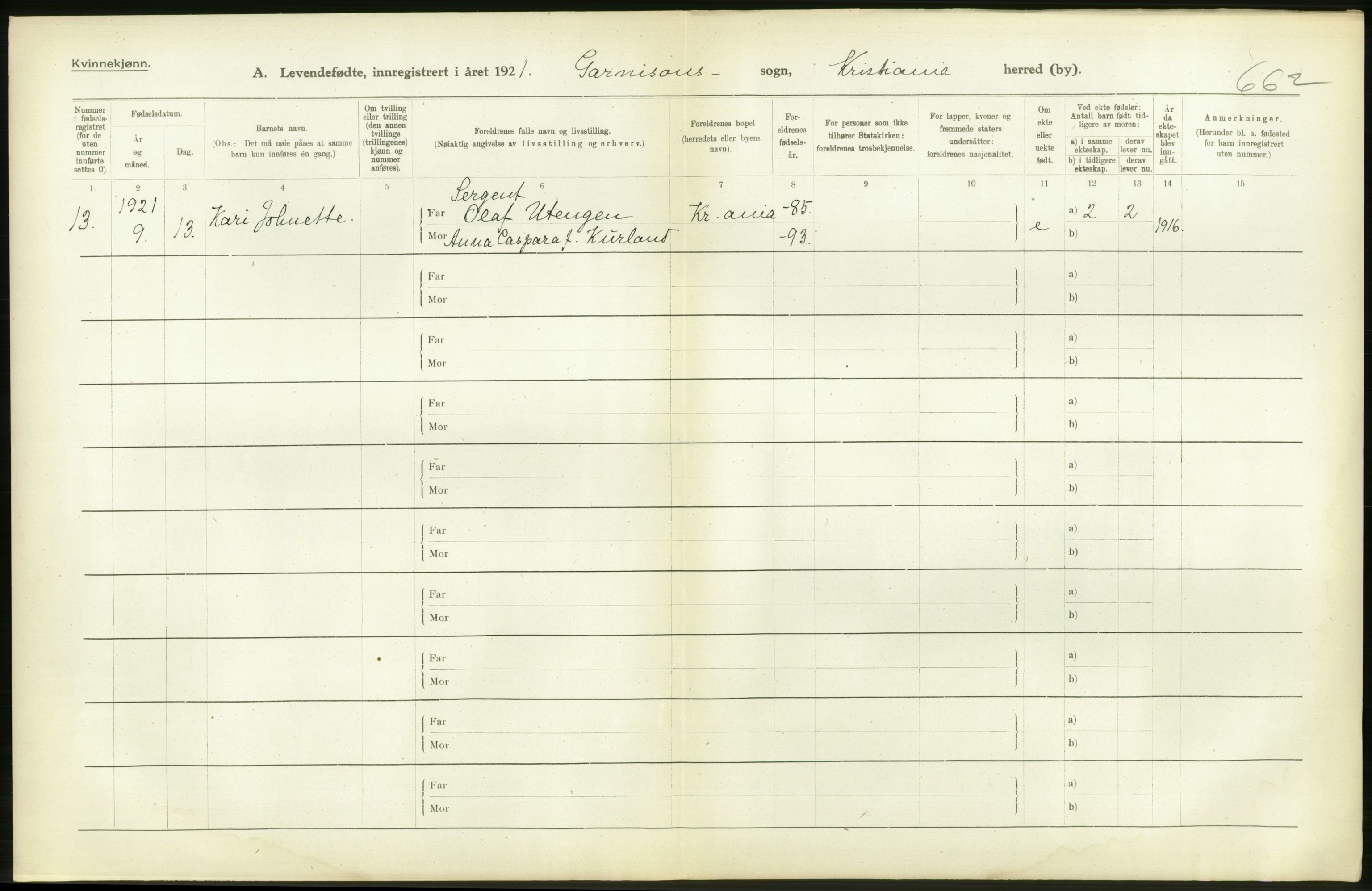 Statistisk sentralbyrå, Sosiodemografiske emner, Befolkning, RA/S-2228/D/Df/Dfc/Dfca/L0009: Kristiania: Levendefødte menn og kvinner., 1921, p. 378