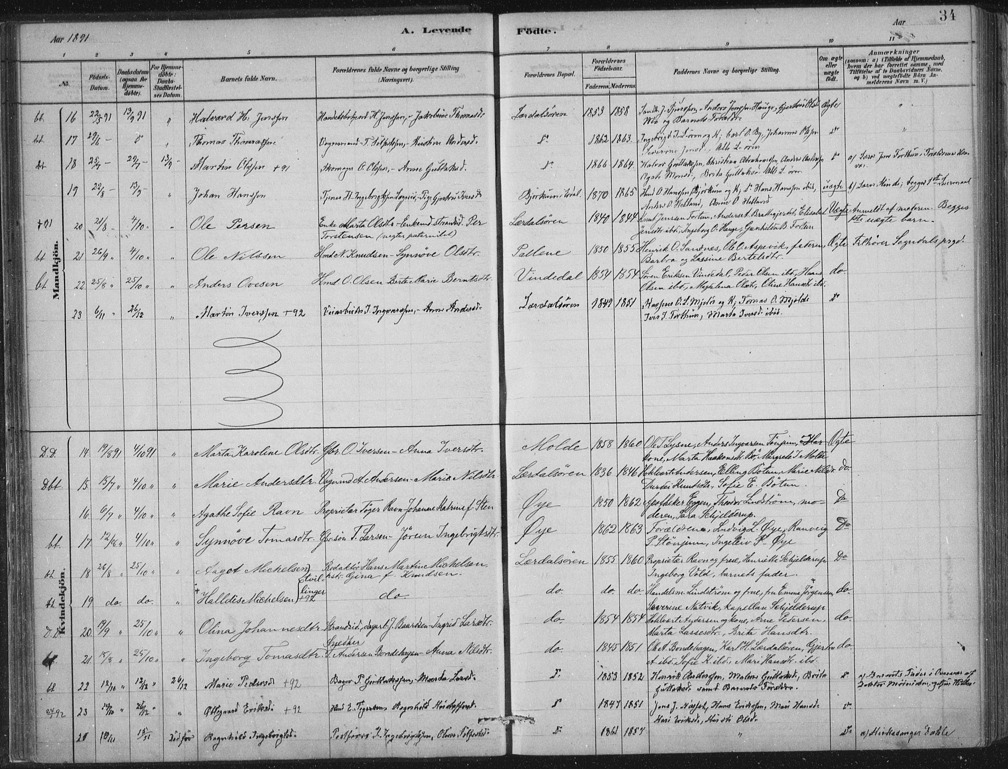 Lærdal sokneprestembete, SAB/A-81201: Parish register (official) no. D  1, 1878-1908, p. 34