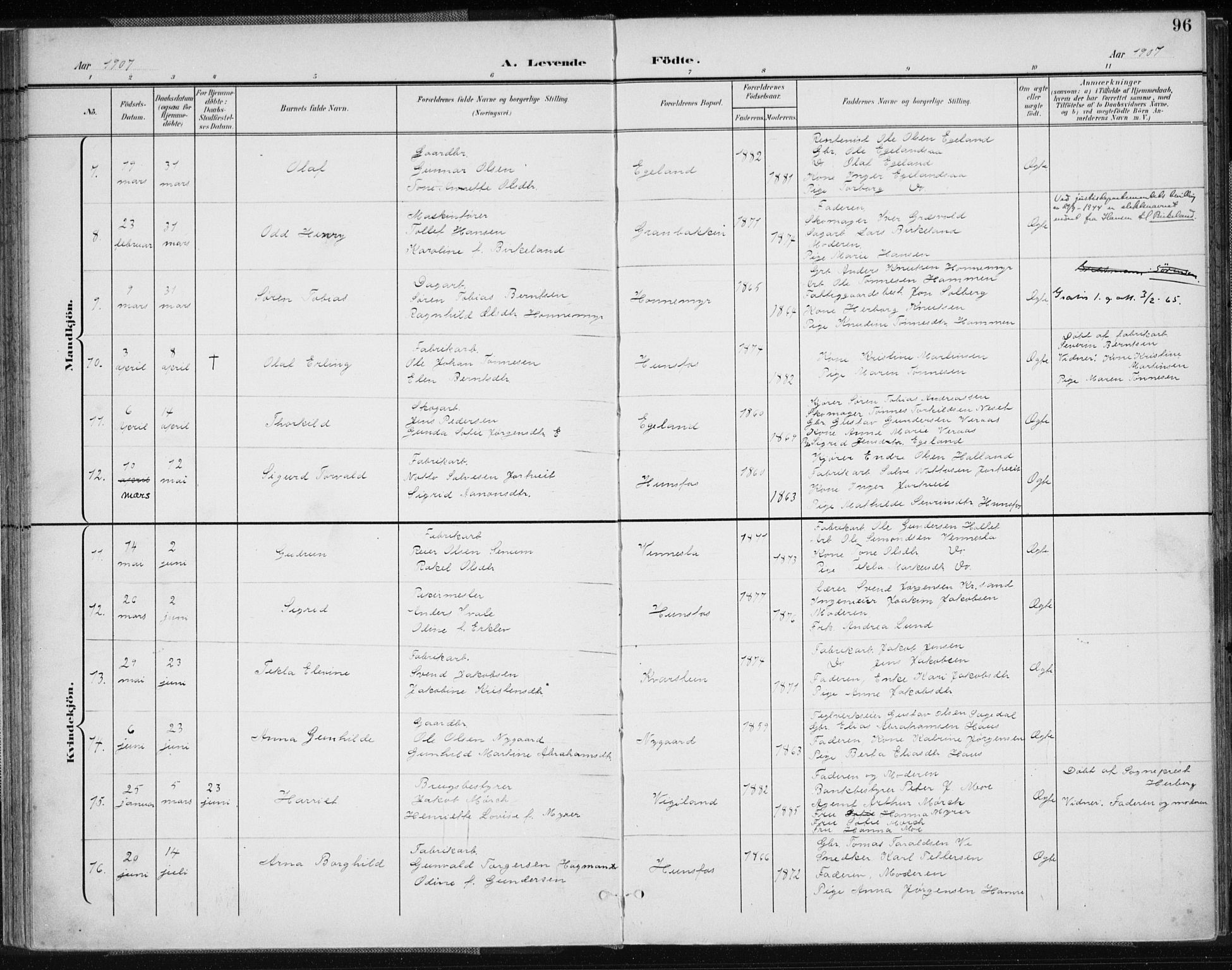 Vennesla sokneprestkontor, AV/SAK-1111-0045/Fa/Fab/L0005: Parish register (official) no. A 5, 1897-1909, p. 96