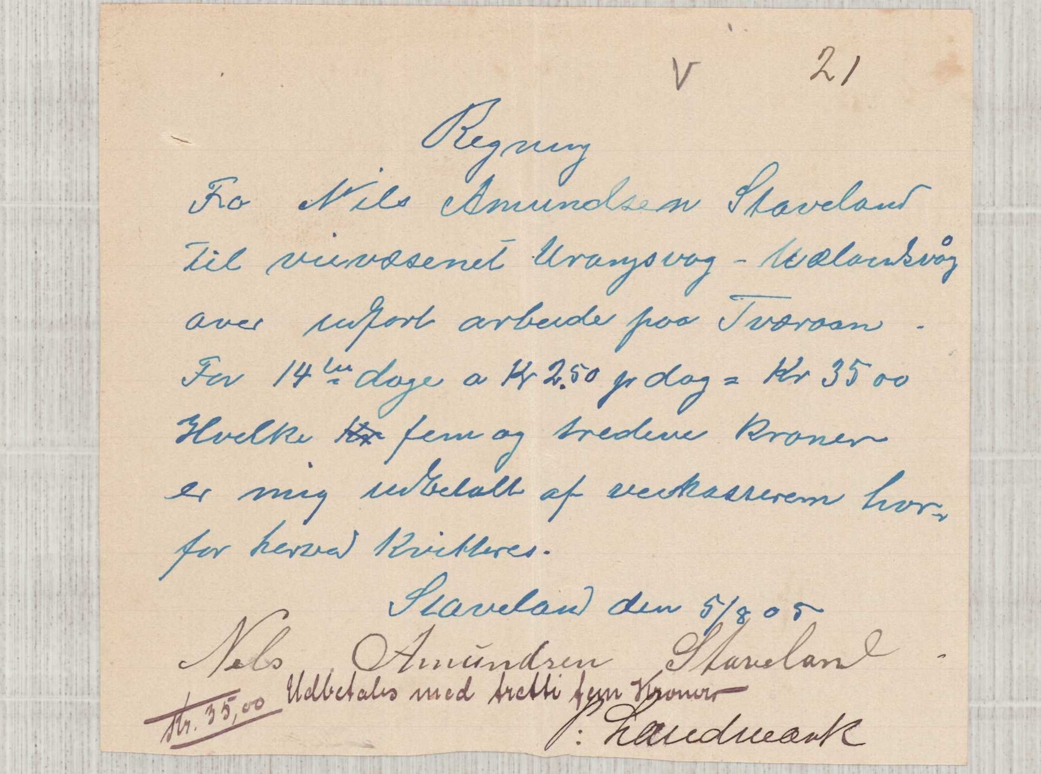 Finnaas kommune. Formannskapet, IKAH/1218a-021/E/Ea/L0002/0003: Rekneskap for veganlegg / Rekneskap for veganlegget Urangsvåg - Mælandsvåg, 1904-1905, p. 88