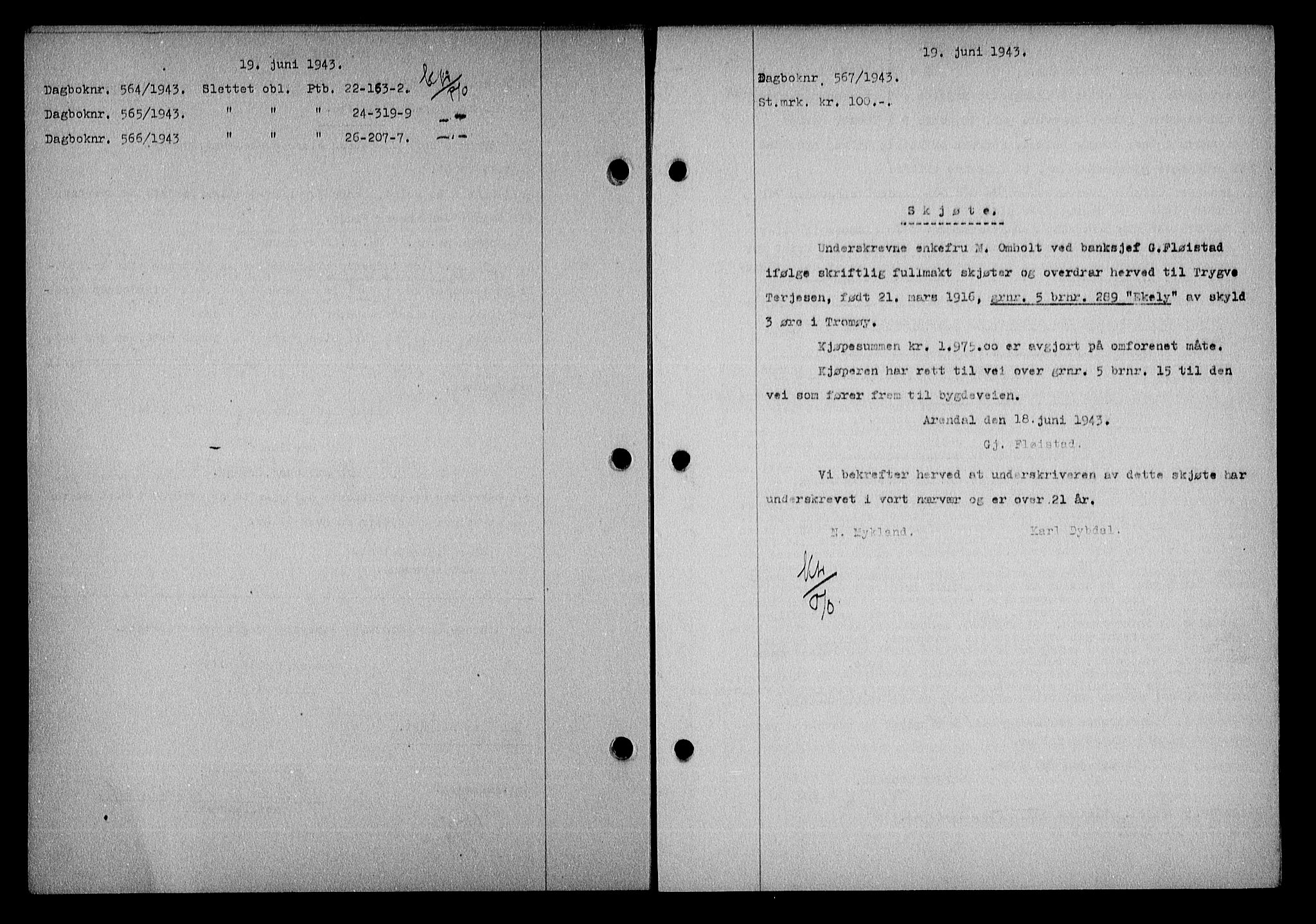 Nedenes sorenskriveri, SAK/1221-0006/G/Gb/Gba/L0050: Mortgage book no. A-IV, 1942-1943, Diary no: : 567/1943