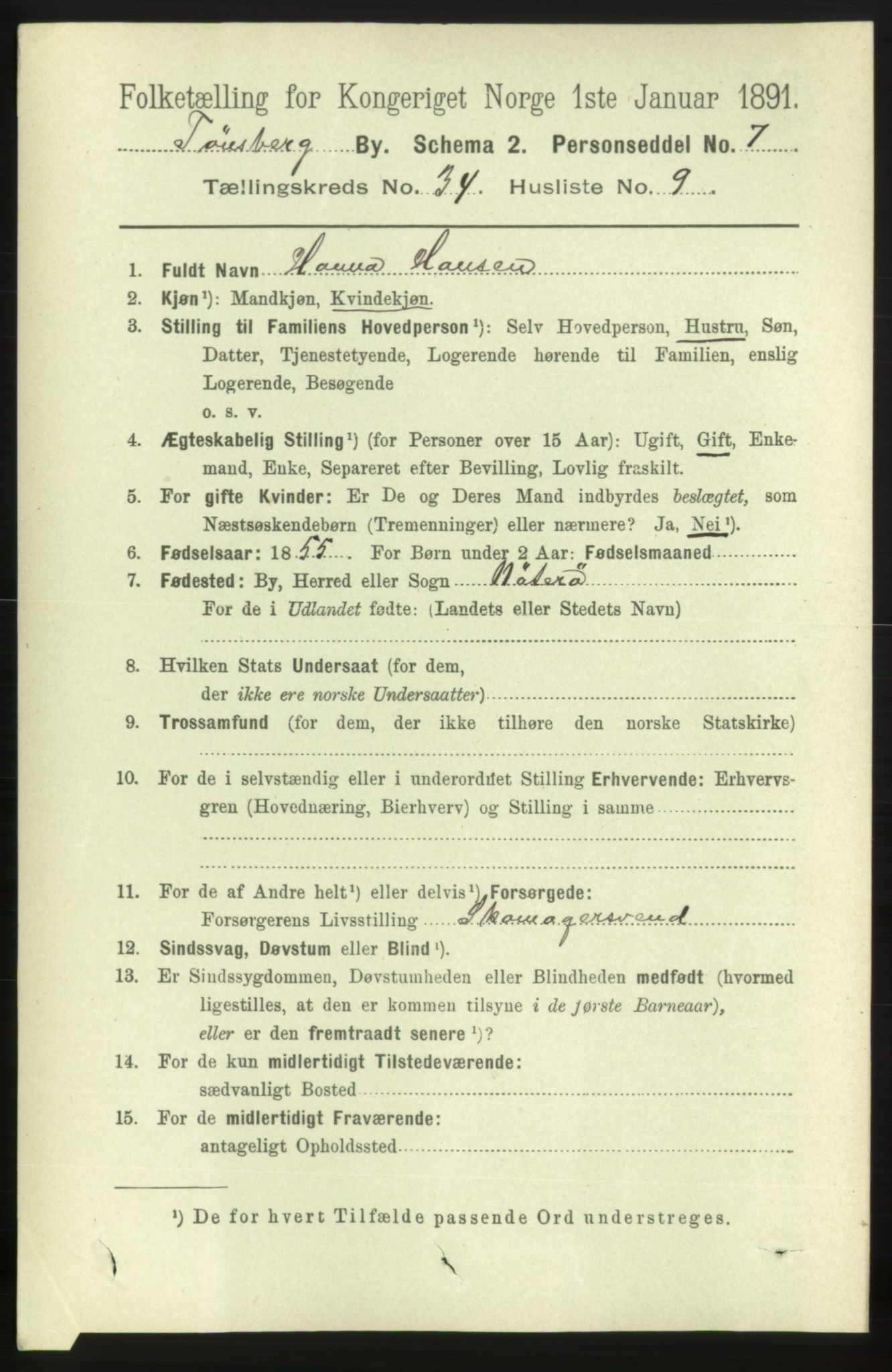 RA, 1891 census for 0705 Tønsberg, 1891, p. 7763