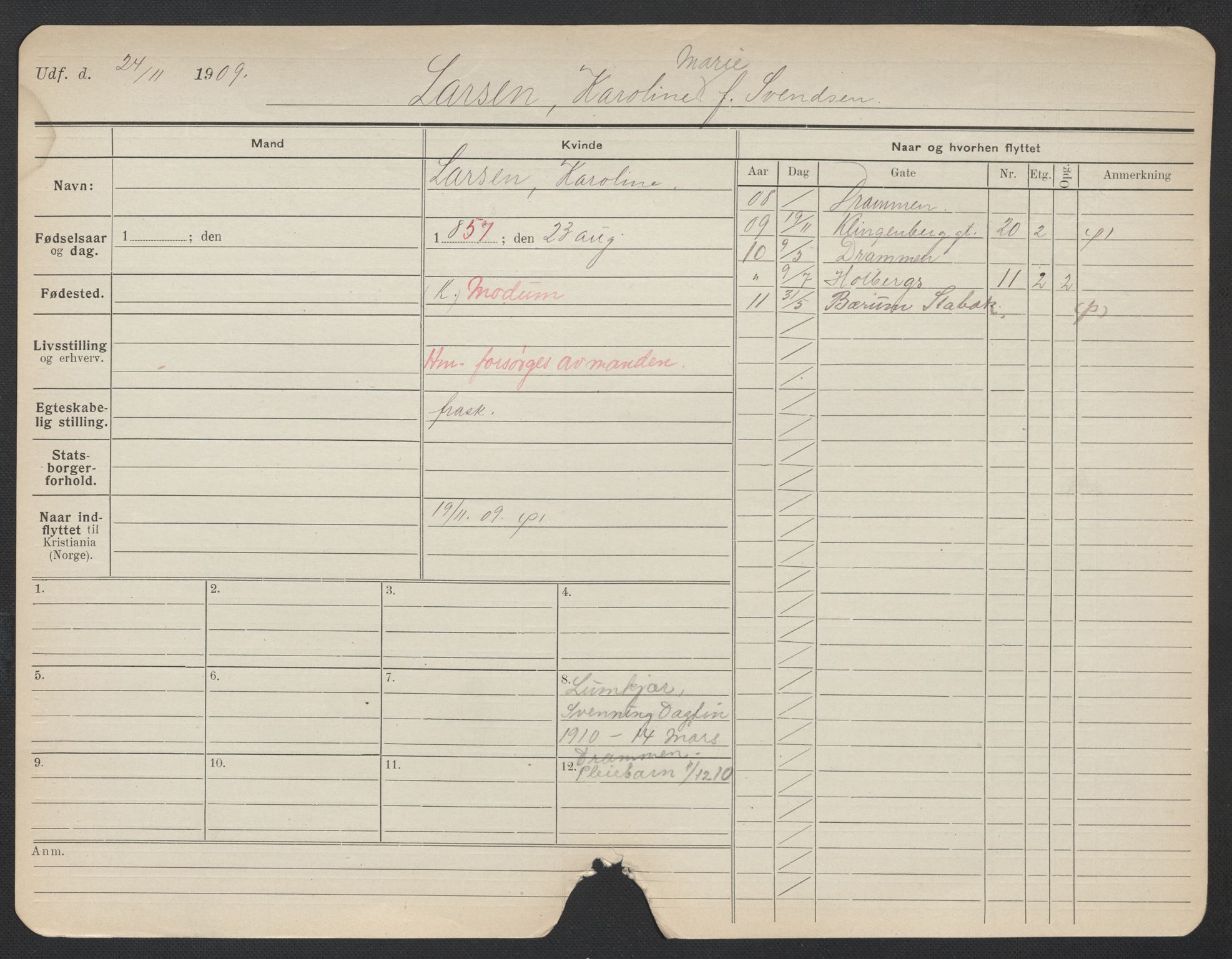 Oslo folkeregister, Registerkort, SAO/A-11715/F/Fa/Fac/L0019: Kvinner, 1906-1914, p. 1001a