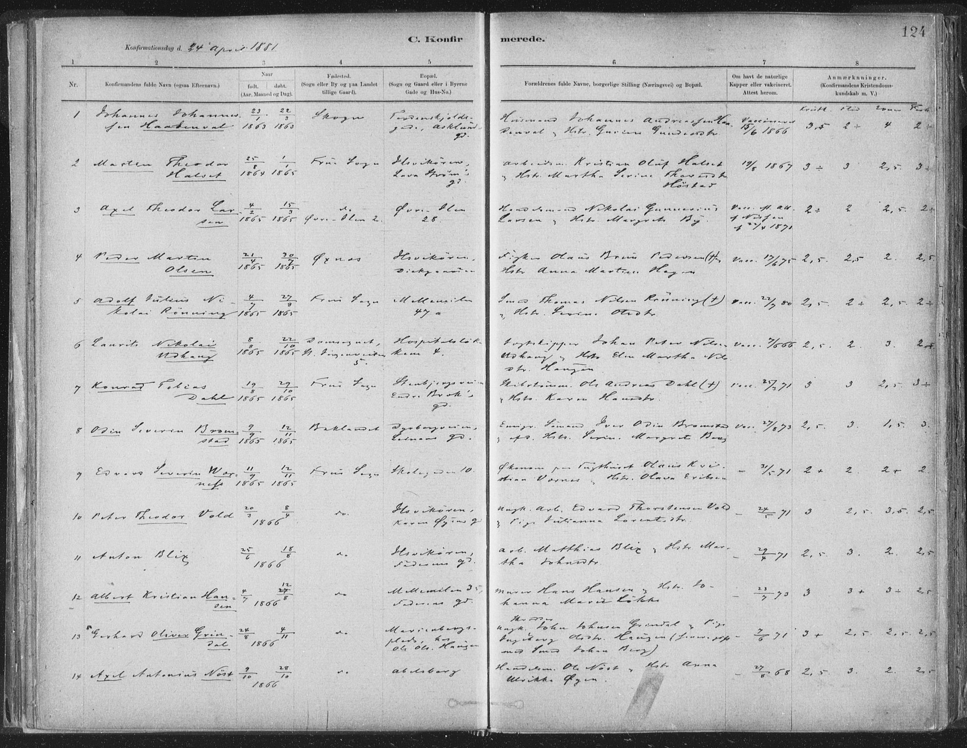 Ministerialprotokoller, klokkerbøker og fødselsregistre - Sør-Trøndelag, AV/SAT-A-1456/603/L0162: Parish register (official) no. 603A01, 1879-1895, p. 124