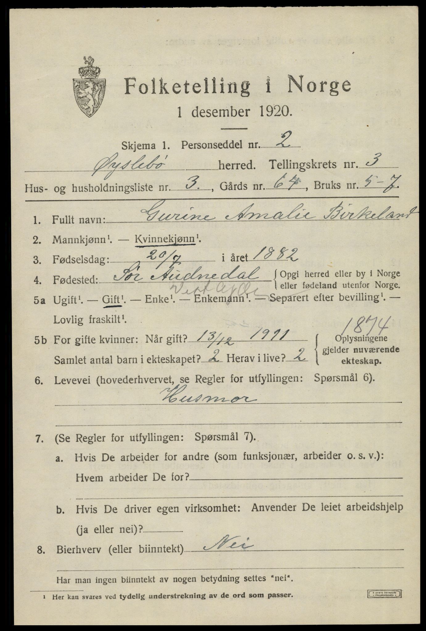 SAK, 1920 census for Øyslebø, 1920, p. 912