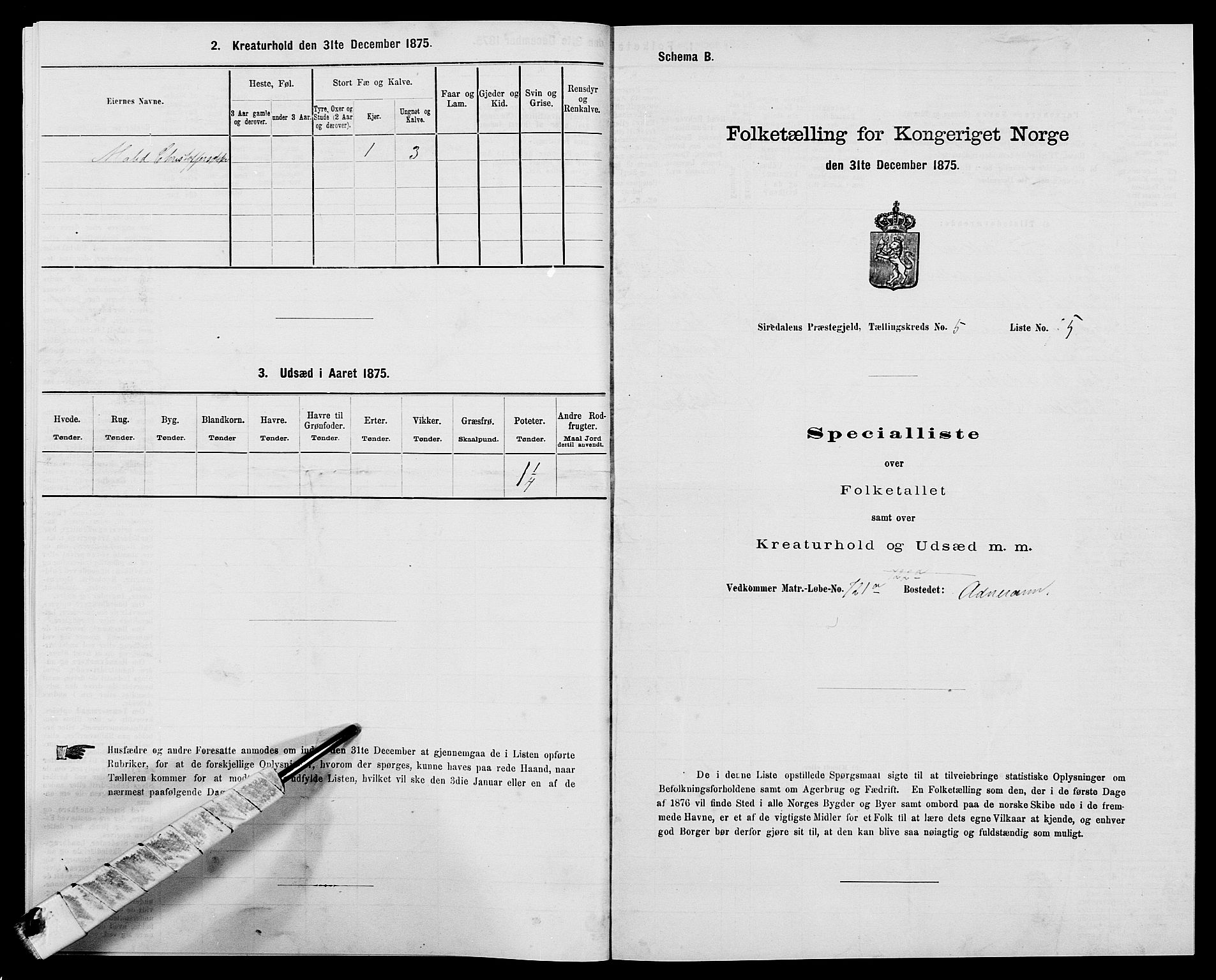 SAK, 1875 census for 1046P Sirdal, 1875, p. 415