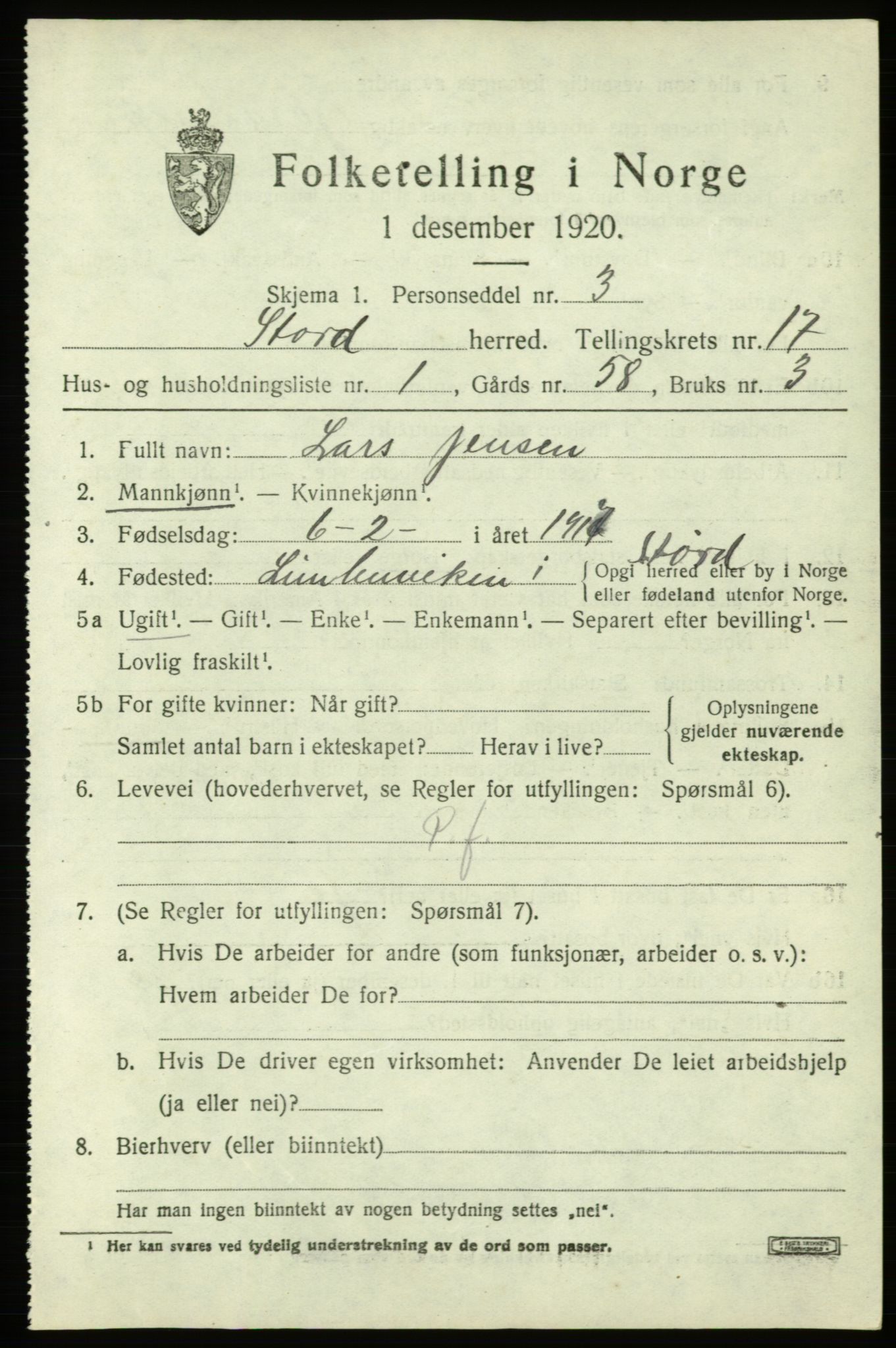 SAB, 1920 census for Stord, 1920, p. 9417