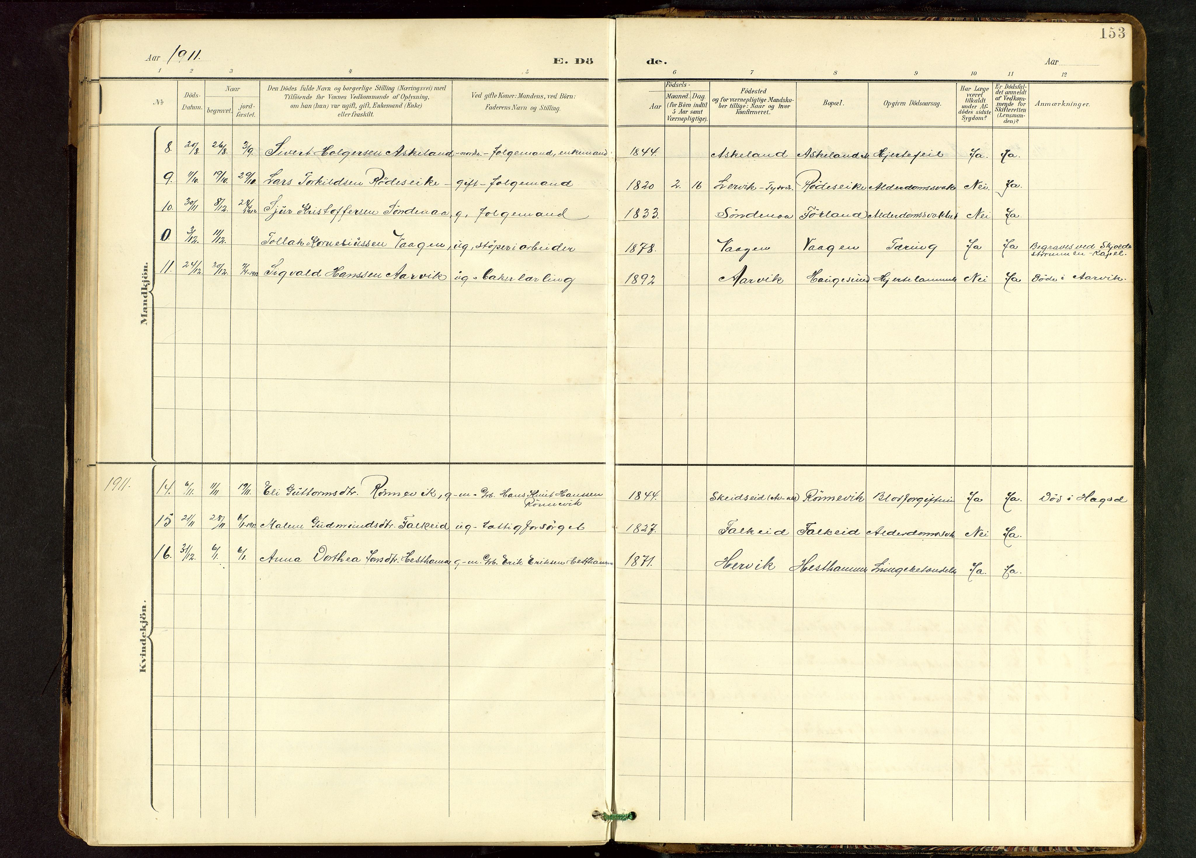 Tysvær sokneprestkontor, AV/SAST-A -101864/H/Ha/Hab/L0010: Parish register (copy) no. B 10, 1897-1912, p. 153