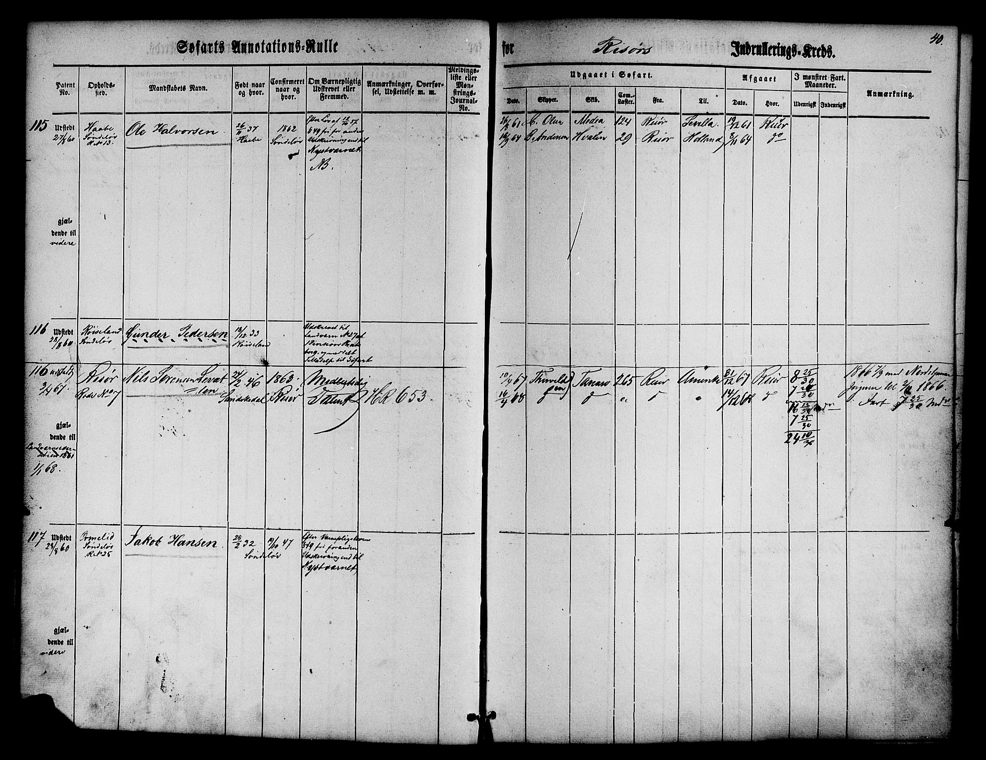Risør mønstringskrets, SAK/2031-0010/F/Fa/L0001: Annotasjonsrulle nr 1-435 med register, D-1, 1860-1865, p. 58
