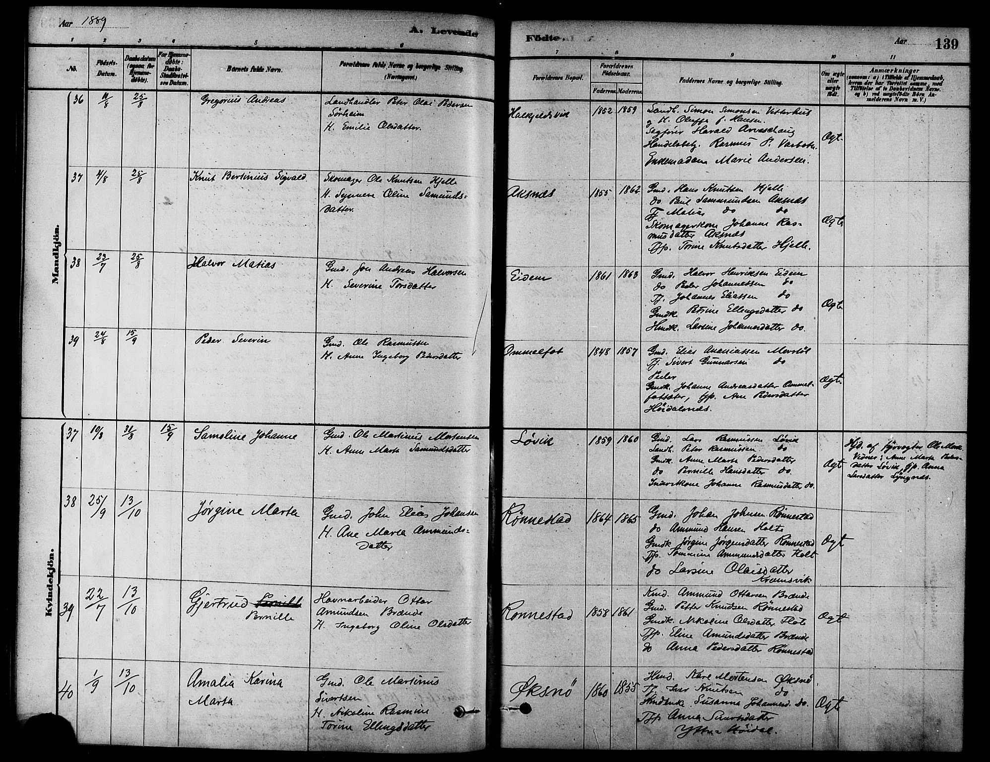 Ministerialprotokoller, klokkerbøker og fødselsregistre - Møre og Romsdal, AV/SAT-A-1454/511/L0141: Parish register (official) no. 511A08, 1878-1890, p. 139