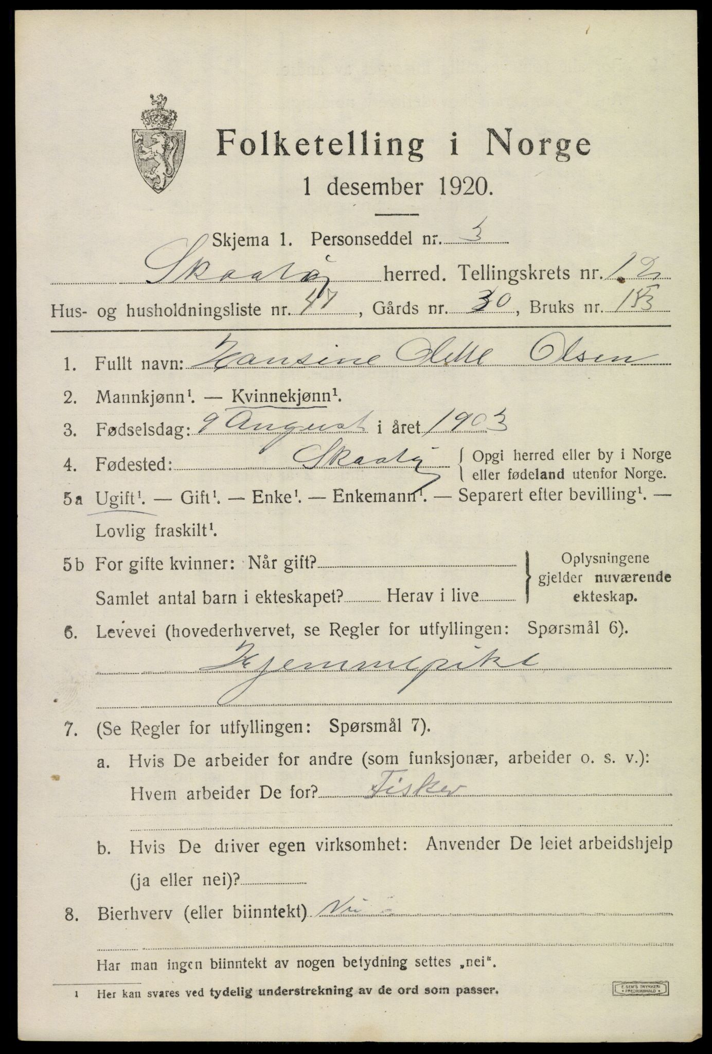 SAKO, 1920 census for Skåtøy, 1920, p. 8622