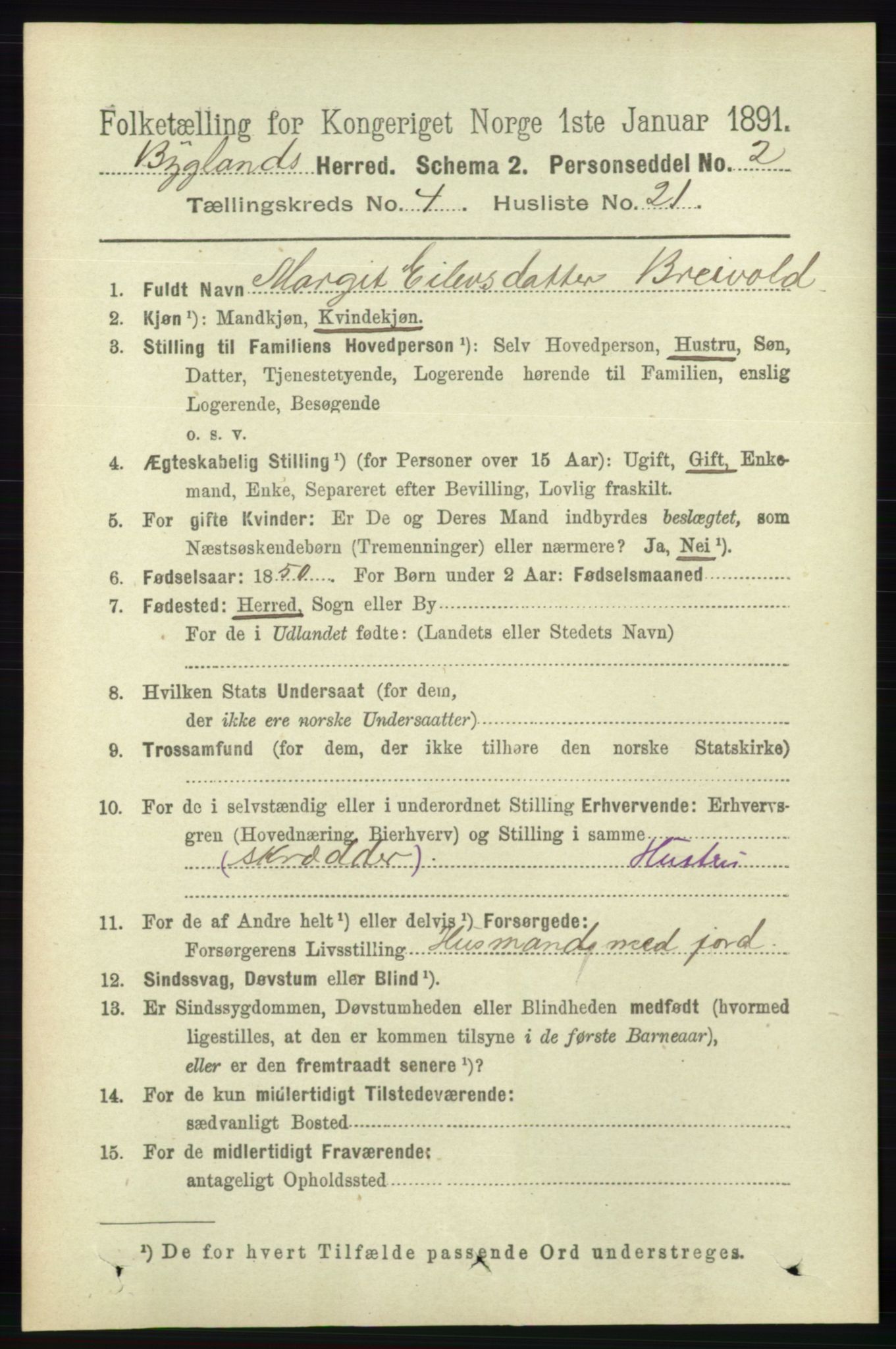 RA, 1891 census for 0938 Bygland, 1891, p. 990