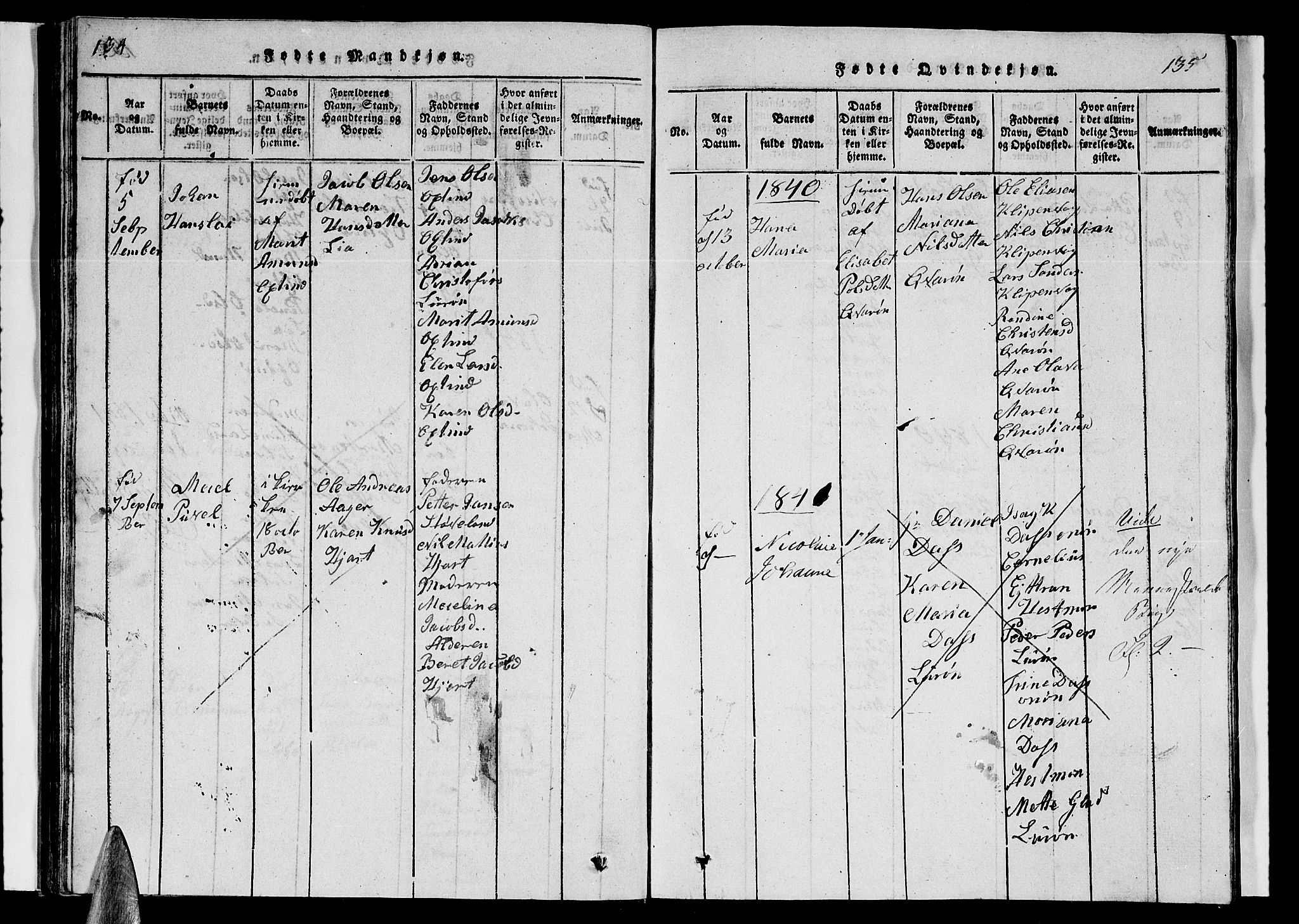 Ministerialprotokoller, klokkerbøker og fødselsregistre - Nordland, SAT/A-1459/839/L0571: Parish register (copy) no. 839C01, 1820-1840, p. 134-135