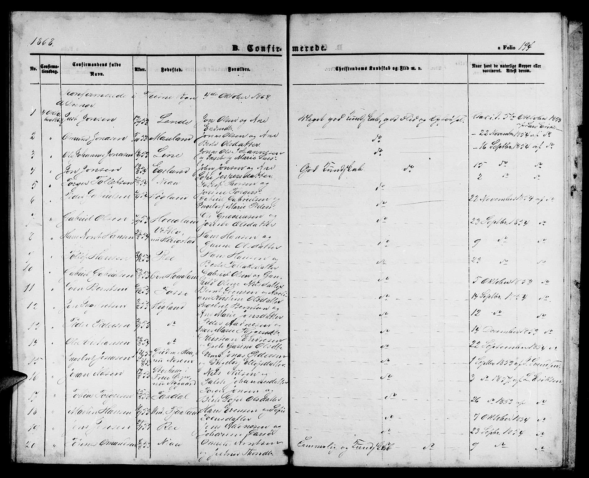 Lye sokneprestkontor, AV/SAST-A-101794/001/30BB/L0004: Parish register (copy) no. B 4, 1868-1878, p. 194