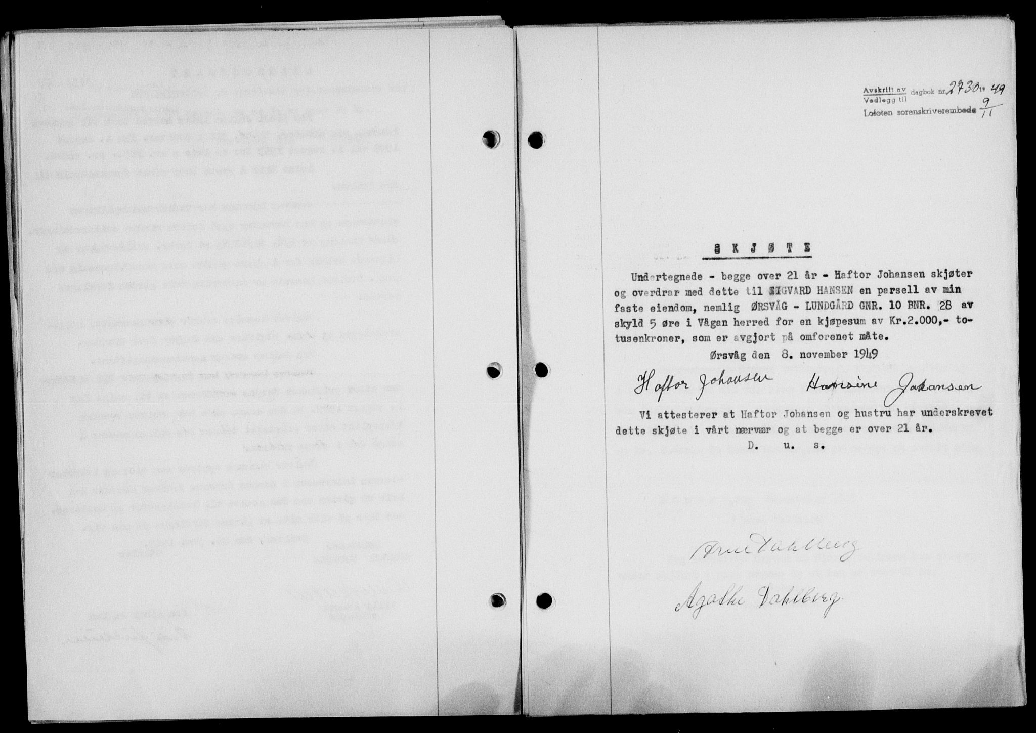 Lofoten sorenskriveri, SAT/A-0017/1/2/2C/L0022a: Mortgage book no. 22a, 1949-1950, Diary no: : 2730/1949