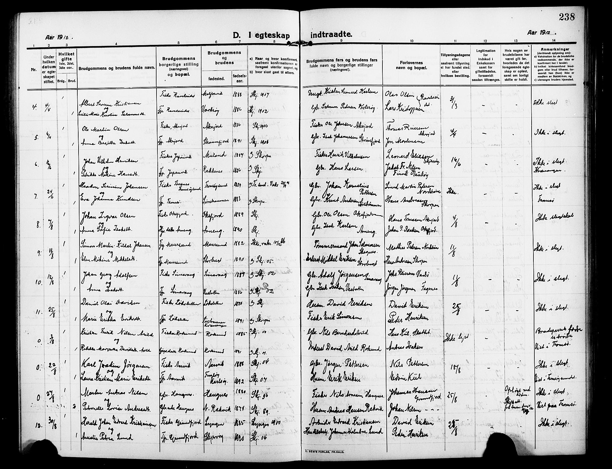 Skjervøy sokneprestkontor, AV/SATØ-S-1300/H/Ha/Hab/L0009klokker: Parish register (copy) no. 9, 1911-1926, p. 238