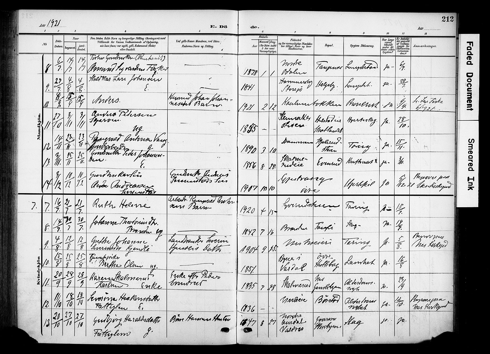Nes prestekontor, Hedmark, SAH/PREST-020/K/Ka/L0013: Parish register (official) no. 13, 1906-1924, p. 212