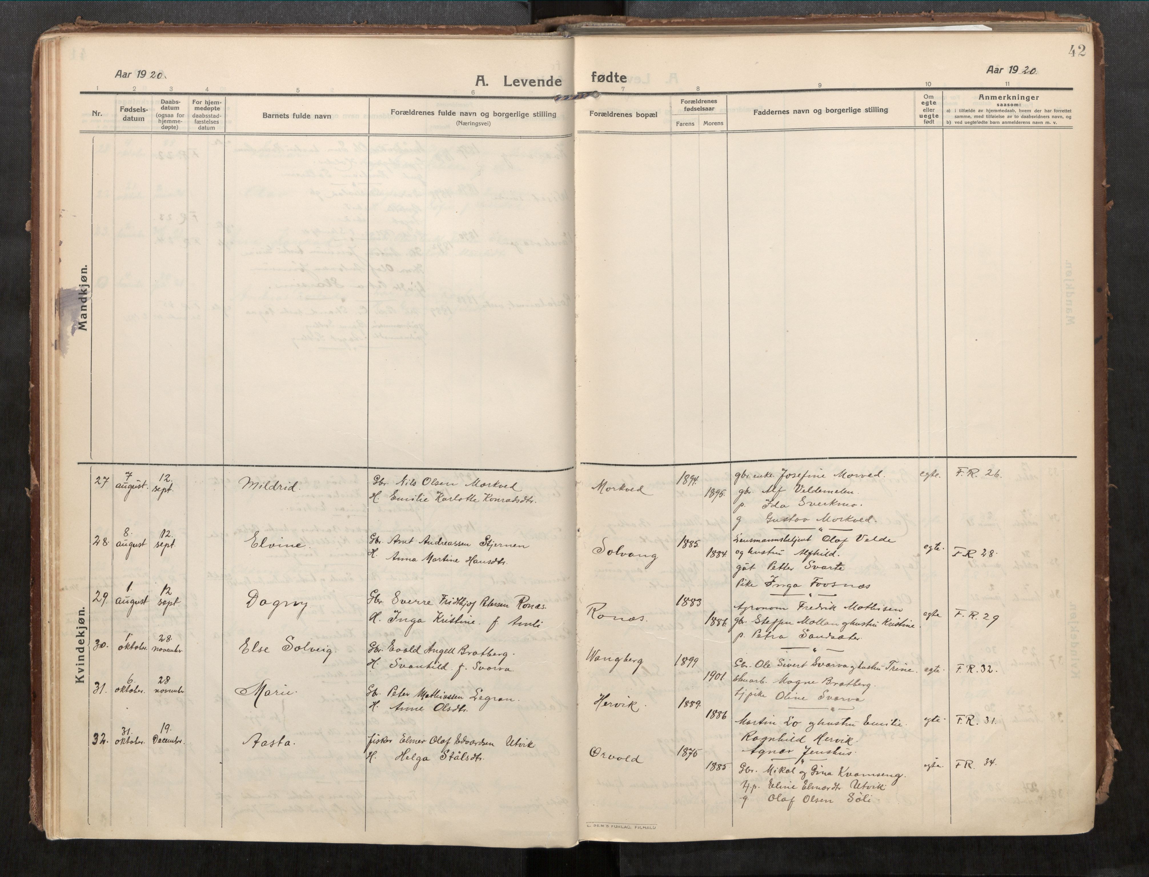 Beitstad sokneprestkontor, AV/SAT-A-1162/I/I1/I1a/L0001: Parish register (official) no. 1, 1912-1927, p. 42