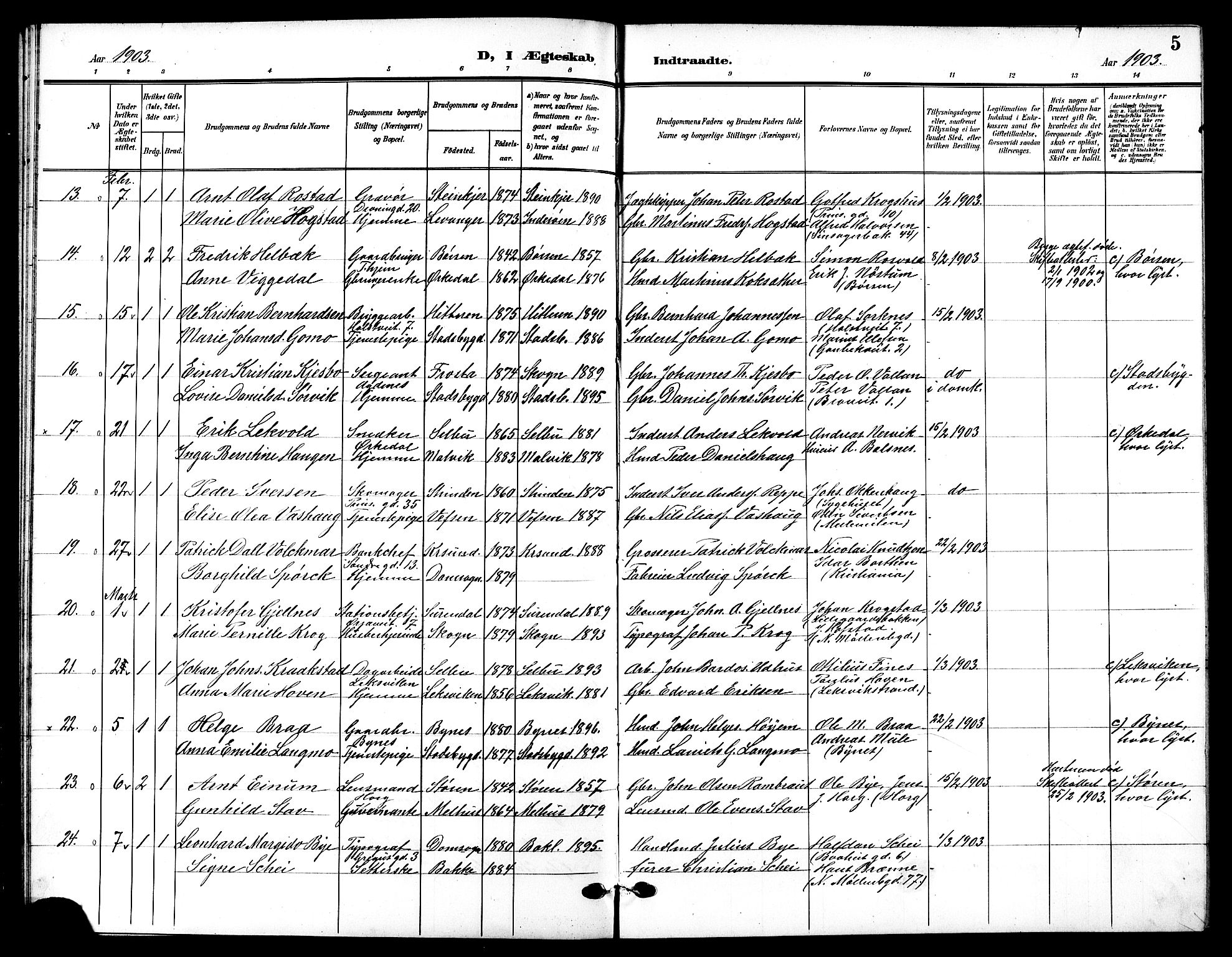 Ministerialprotokoller, klokkerbøker og fødselsregistre - Sør-Trøndelag, SAT/A-1456/601/L0095: Parish register (copy) no. 601C13, 1902-1911, p. 5
