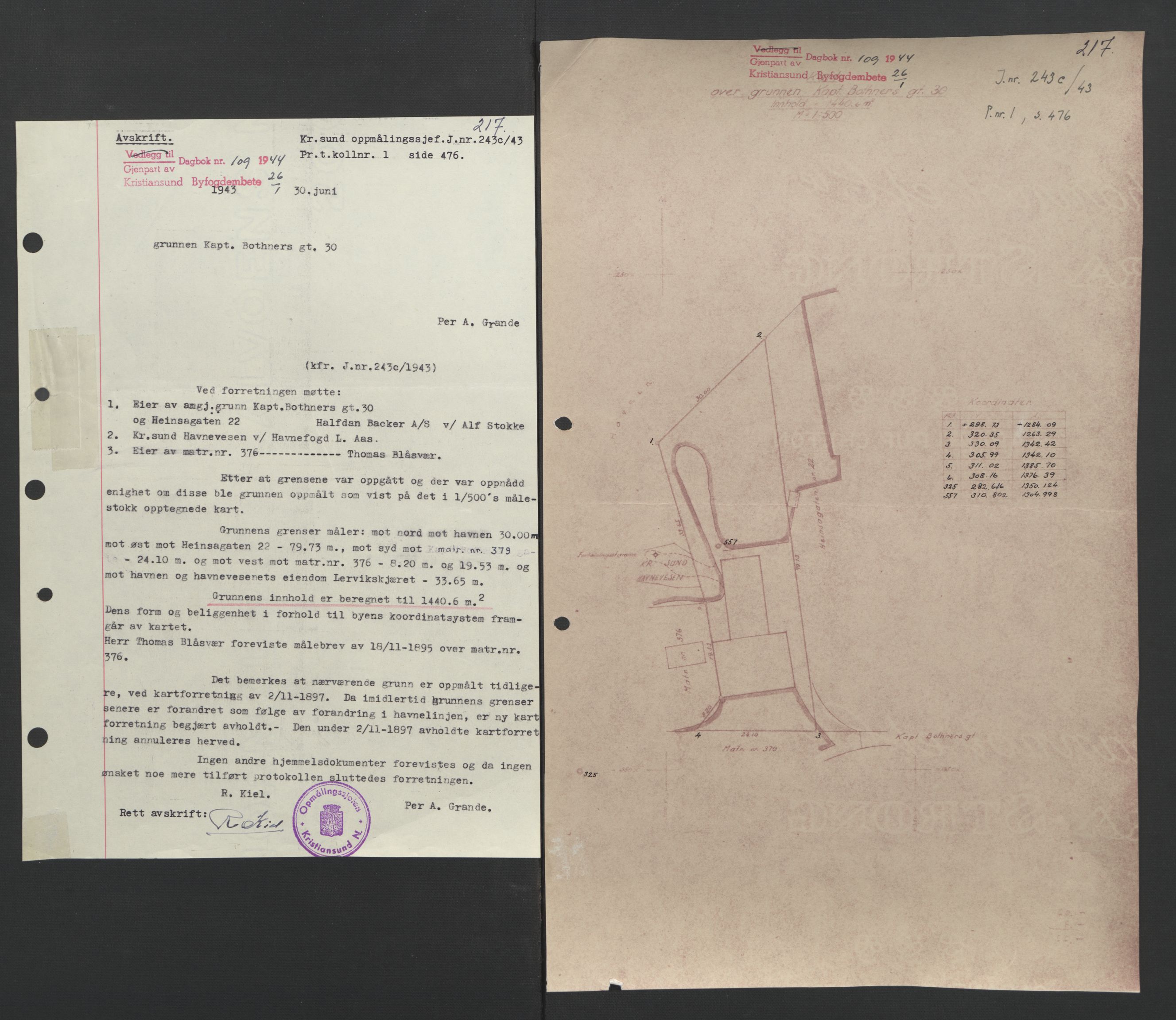 Kristiansund byfogd, AV/SAT-A-4587/A/27: Mortgage book no. 37, 1942-1945, Diary no: : 109/1944