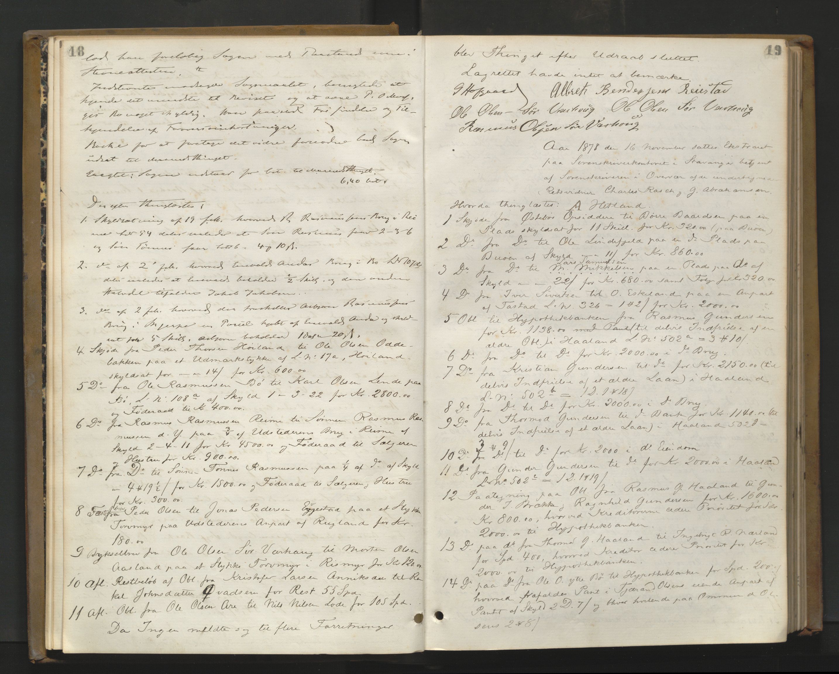 Jæren sorenskriveri, AV/SAST-A-100310/01/3/30/30BA/L0003: TINGBOK 9, 1878-1883, p. 18-19