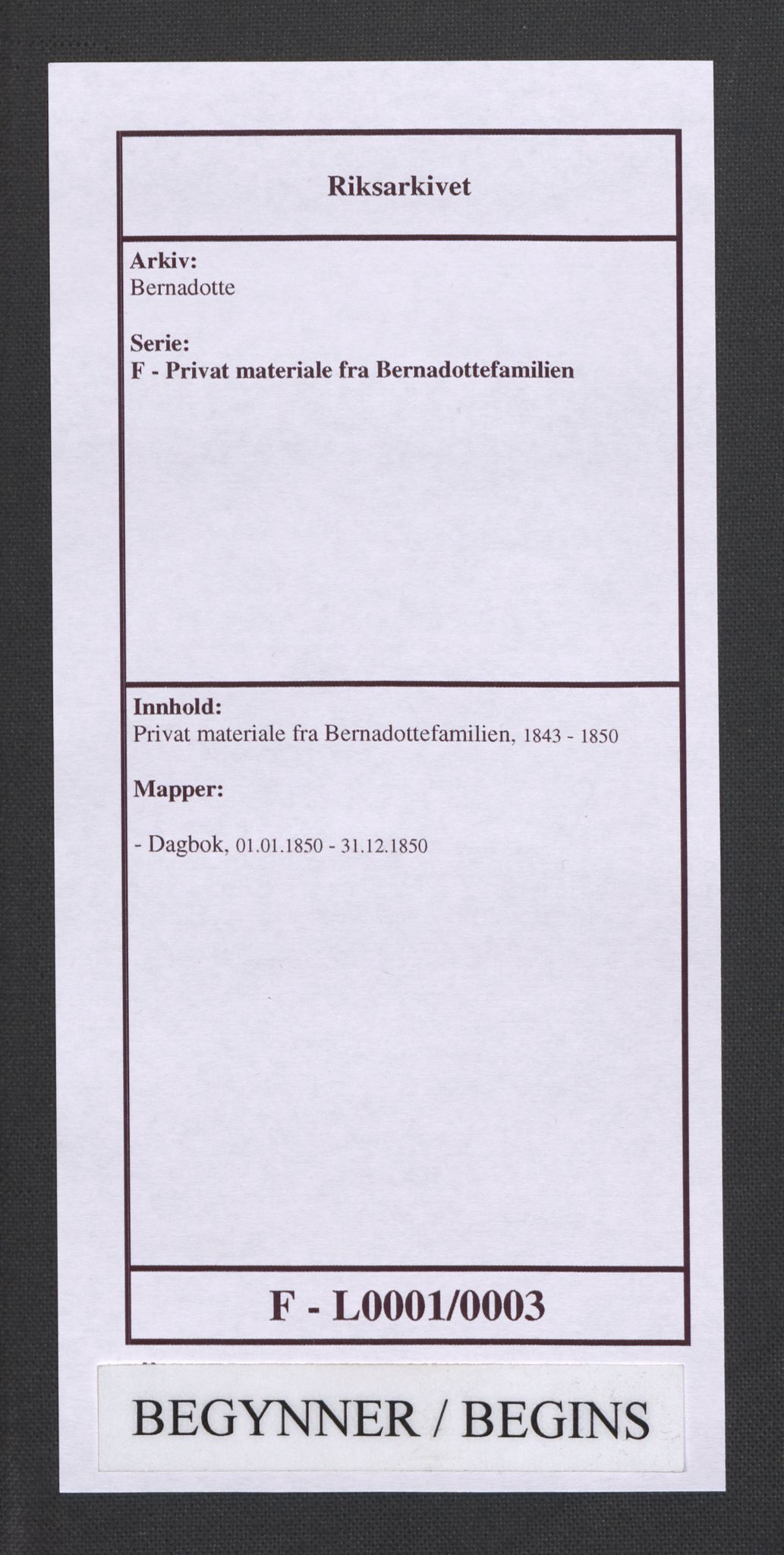 Bernadotte, RA/PA-0318/F/L0001/0003: Privat materiale fra Bernadottefamilien / Dagbok, 1850, p. 1