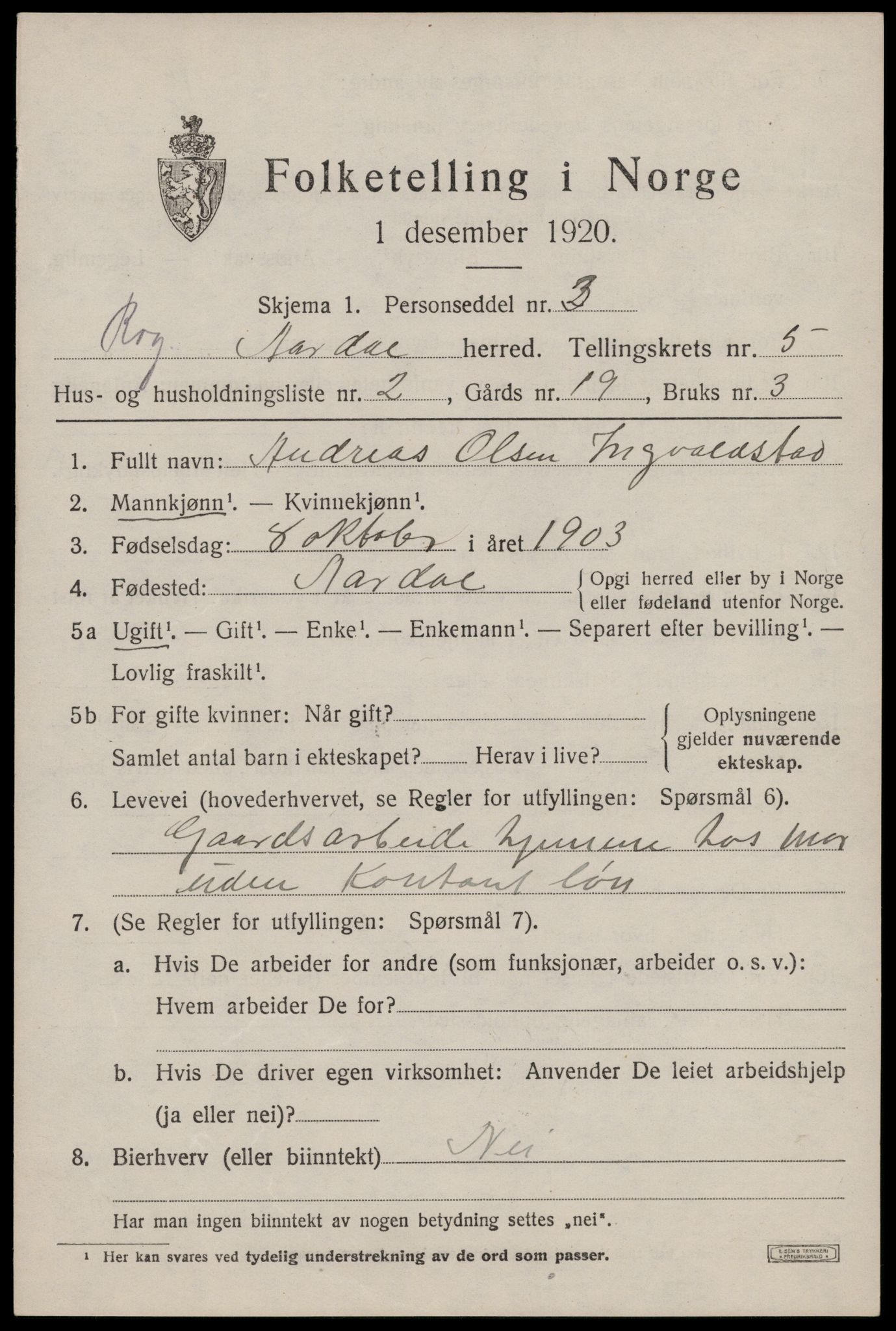 SAST, 1920 census for Årdal, 1920, p. 1482