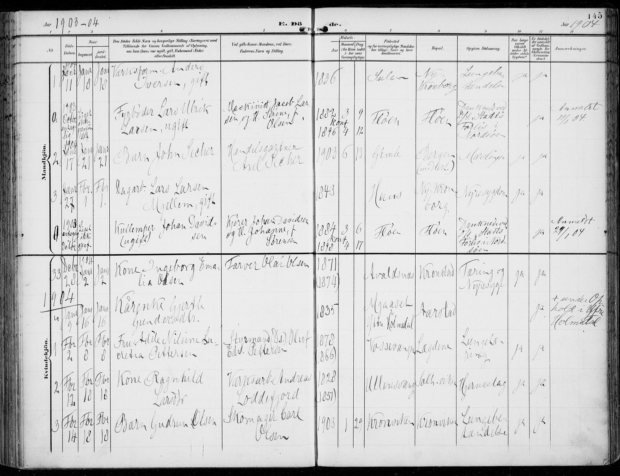 Årstad Sokneprestembete, SAB/A-79301/H/Haa/L0009: Parish register (official) no. C 1, 1902-1918, p. 145