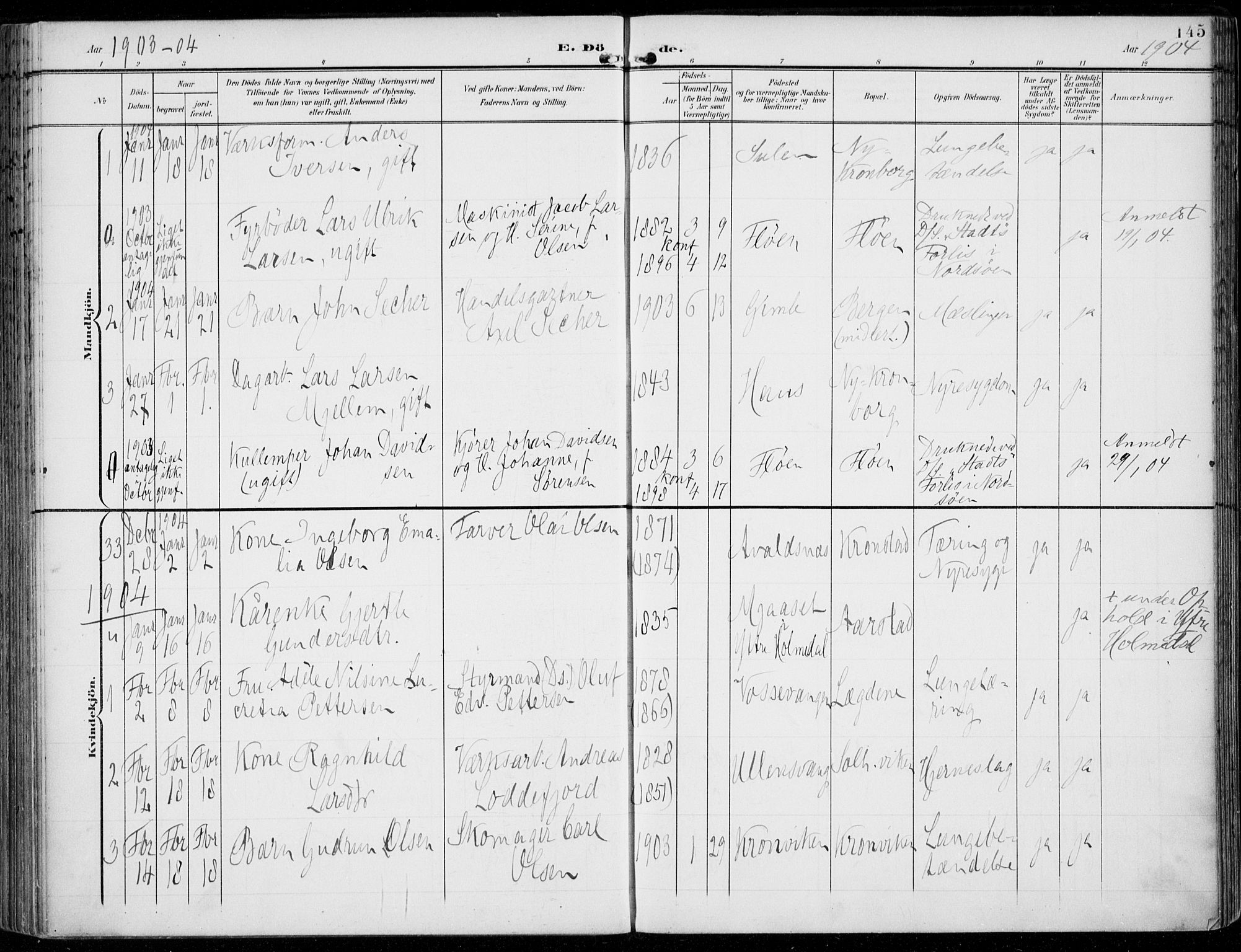 Årstad Sokneprestembete, AV/SAB-A-79301/H/Haa/L0009: Parish register (official) no. C 1, 1902-1918, p. 145