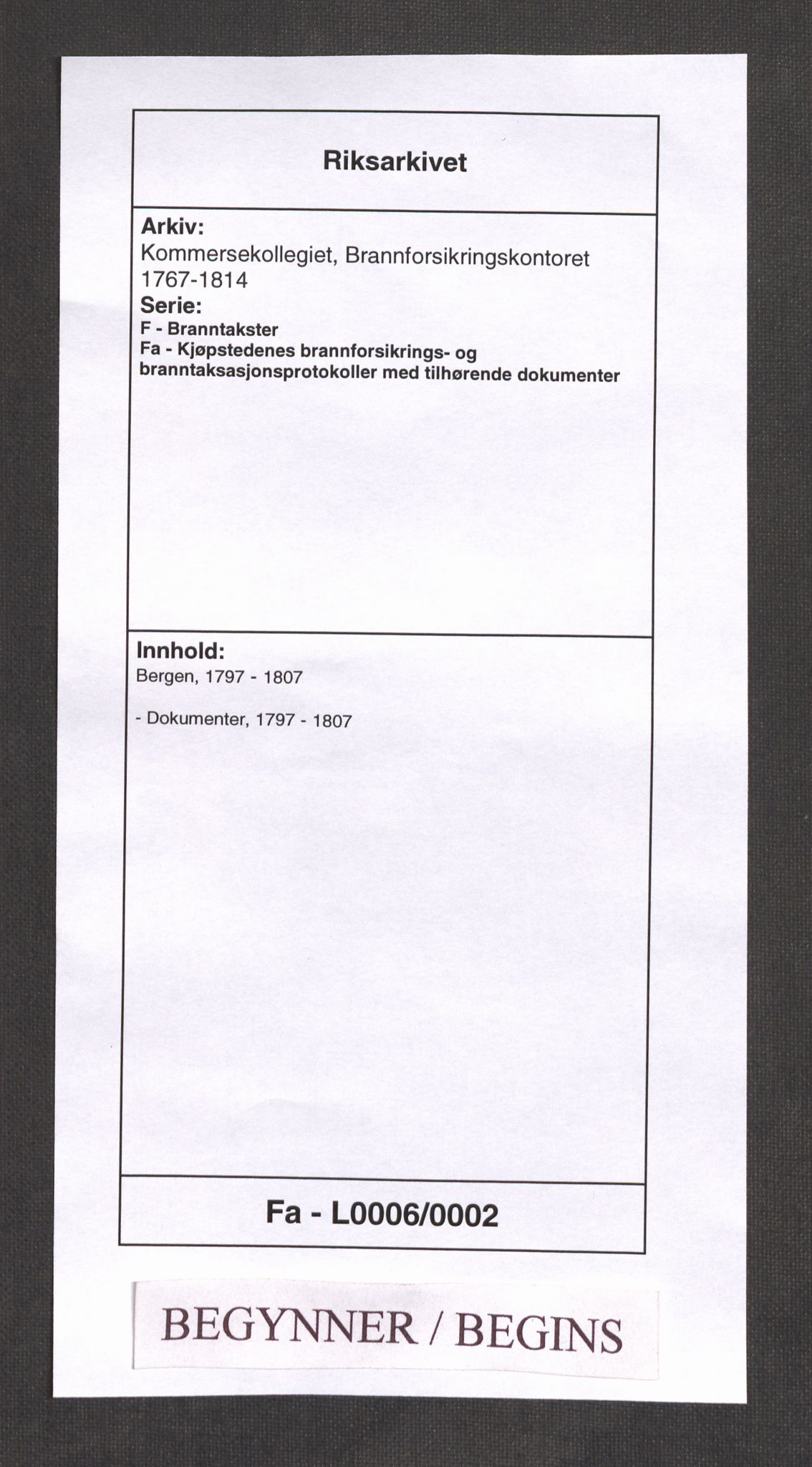 Kommersekollegiet, Brannforsikringskontoret 1767-1814, AV/RA-EA-5458/F/Fa/L0006/0002: Bergen / Dokumenter, 1797-1807