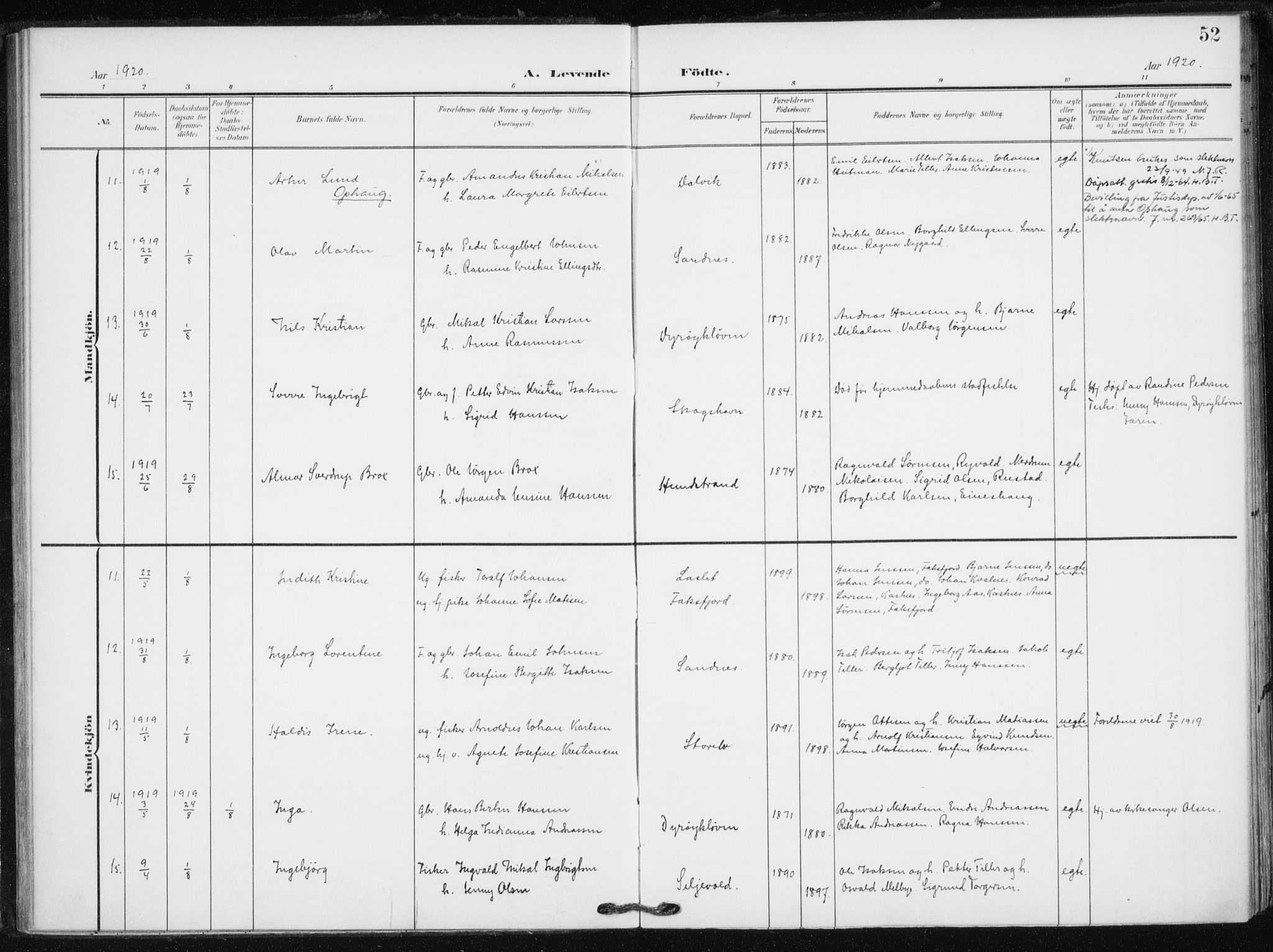 Tranøy sokneprestkontor, AV/SATØ-S-1313/I/Ia/Iaa/L0013kirke: Parish register (official) no. 13, 1905-1922, p. 52