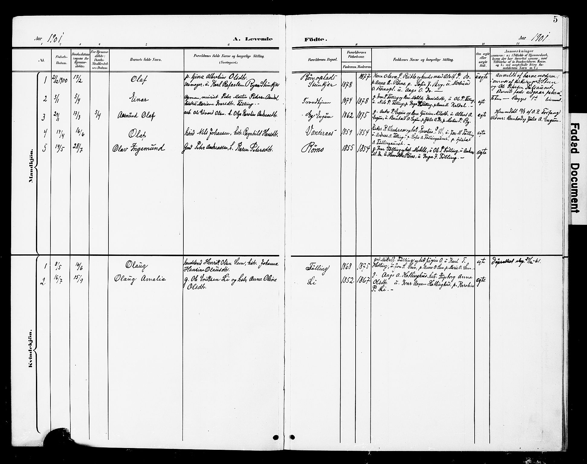 Ministerialprotokoller, klokkerbøker og fødselsregistre - Nord-Trøndelag, AV/SAT-A-1458/748/L0464: Parish register (official) no. 748A01, 1900-1908, p. 5