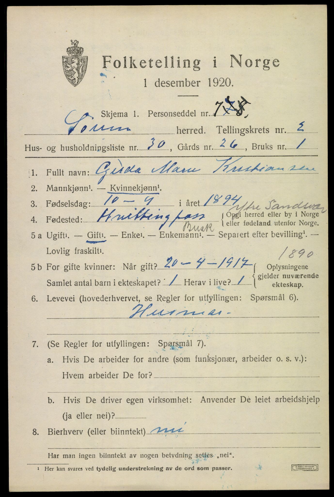 SAO, 1920 census for Sørum, 1920, p. 2101