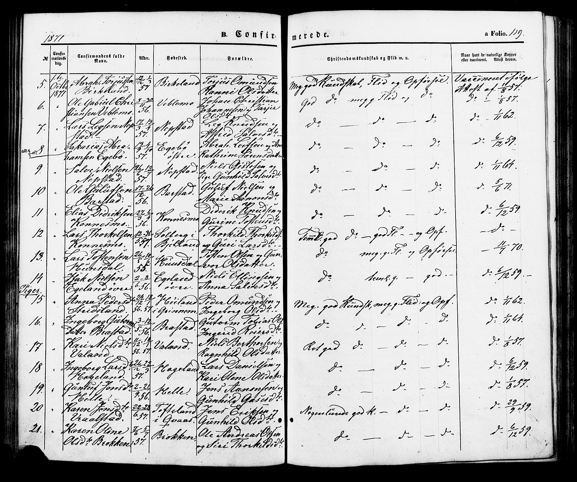 Nord-Audnedal sokneprestkontor, AV/SAK-1111-0032/F/Fa/Faa/L0002: Parish register (official) no. A 2, 1857-1882, p. 119