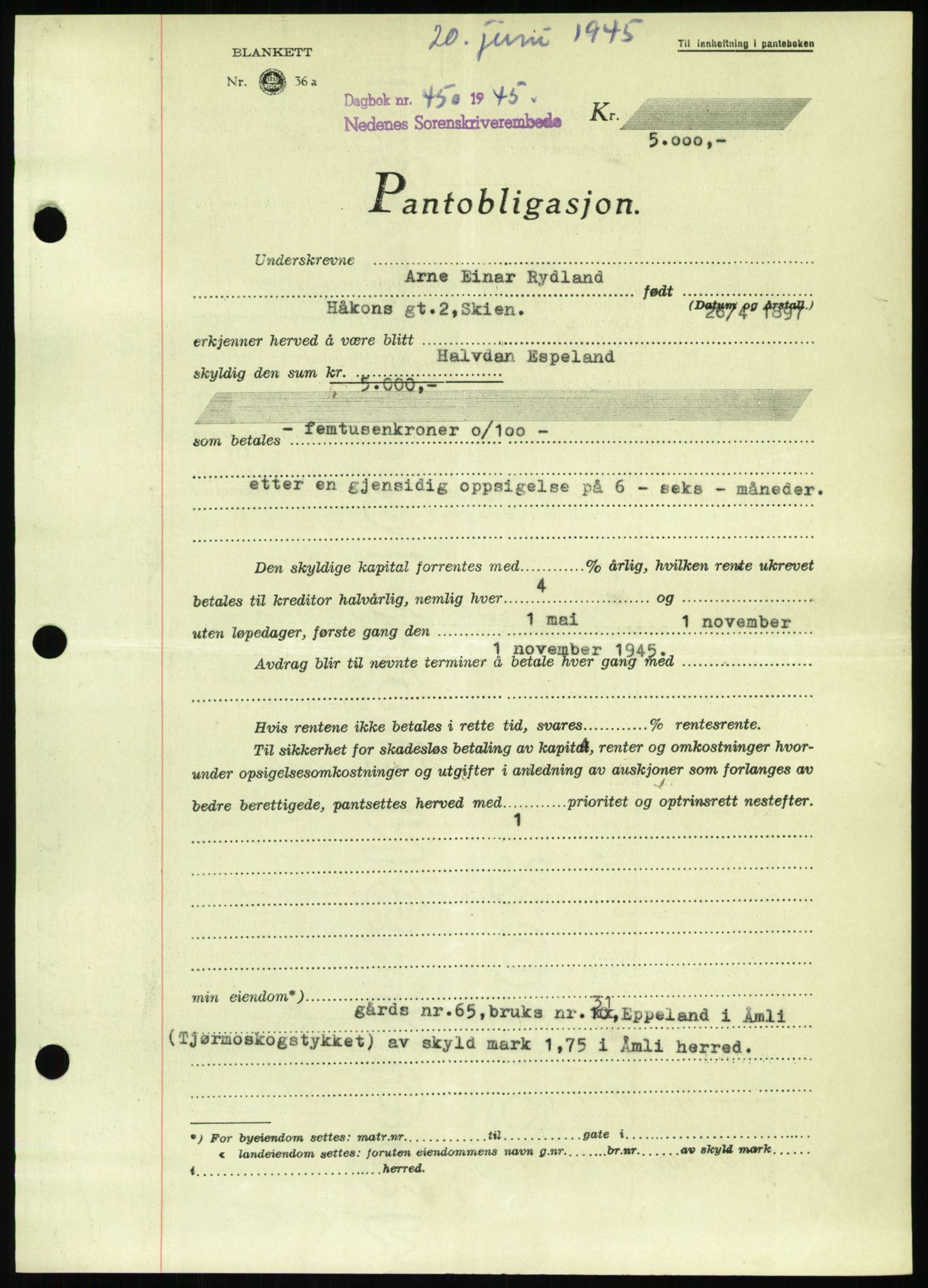 Nedenes sorenskriveri, AV/SAK-1221-0006/G/Gb/Gbb/L0002: Mortgage book no. II, 1942-1945, Diary no: : 450/1945